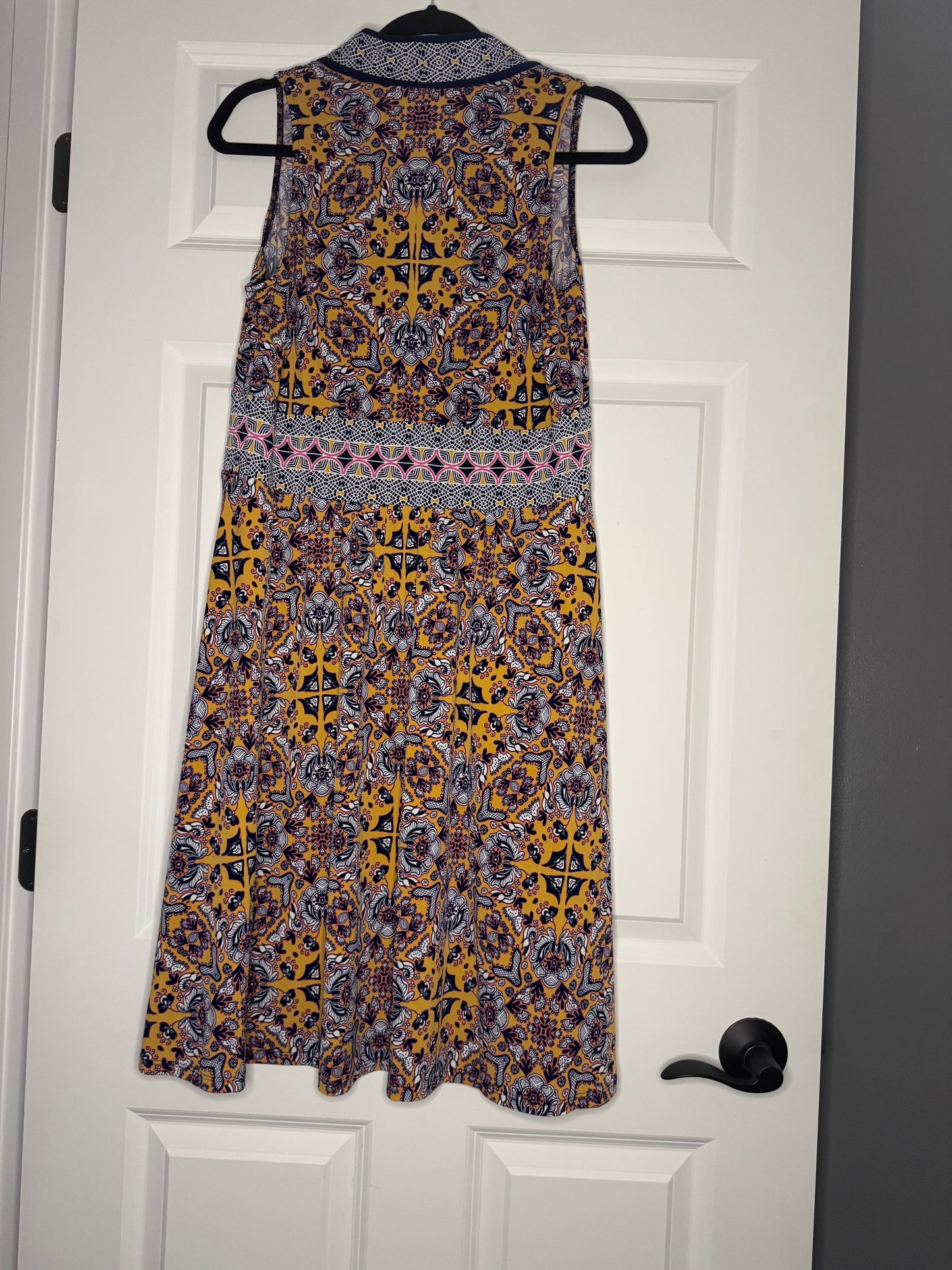 Wisp sleeveless dress size 12 mustard navy w white pink print