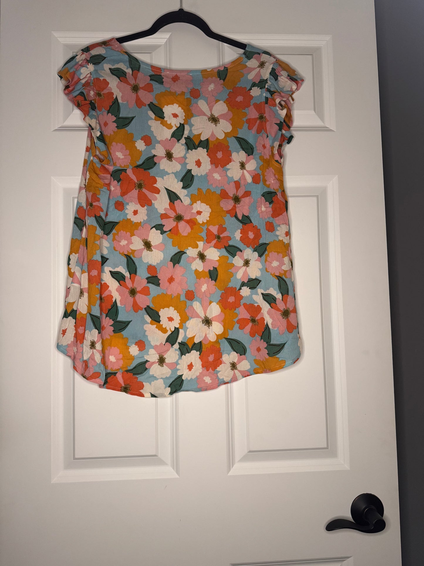 Les Amis short sleeve blouse large light blue w pink white orange green floral rayon nwt 34