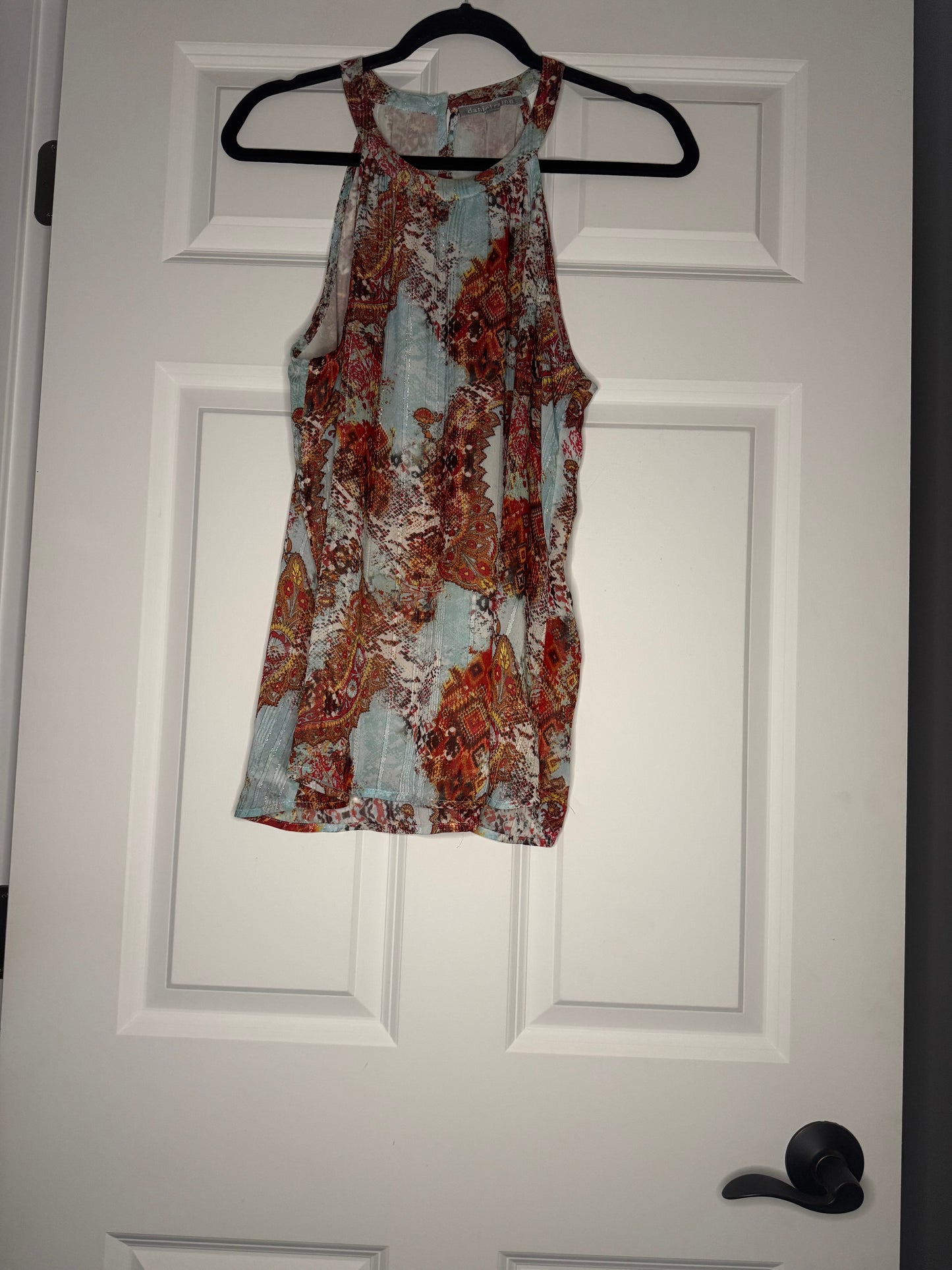 Daniel Rainn sleeveless blouse large blue red white yellow silver sparkle