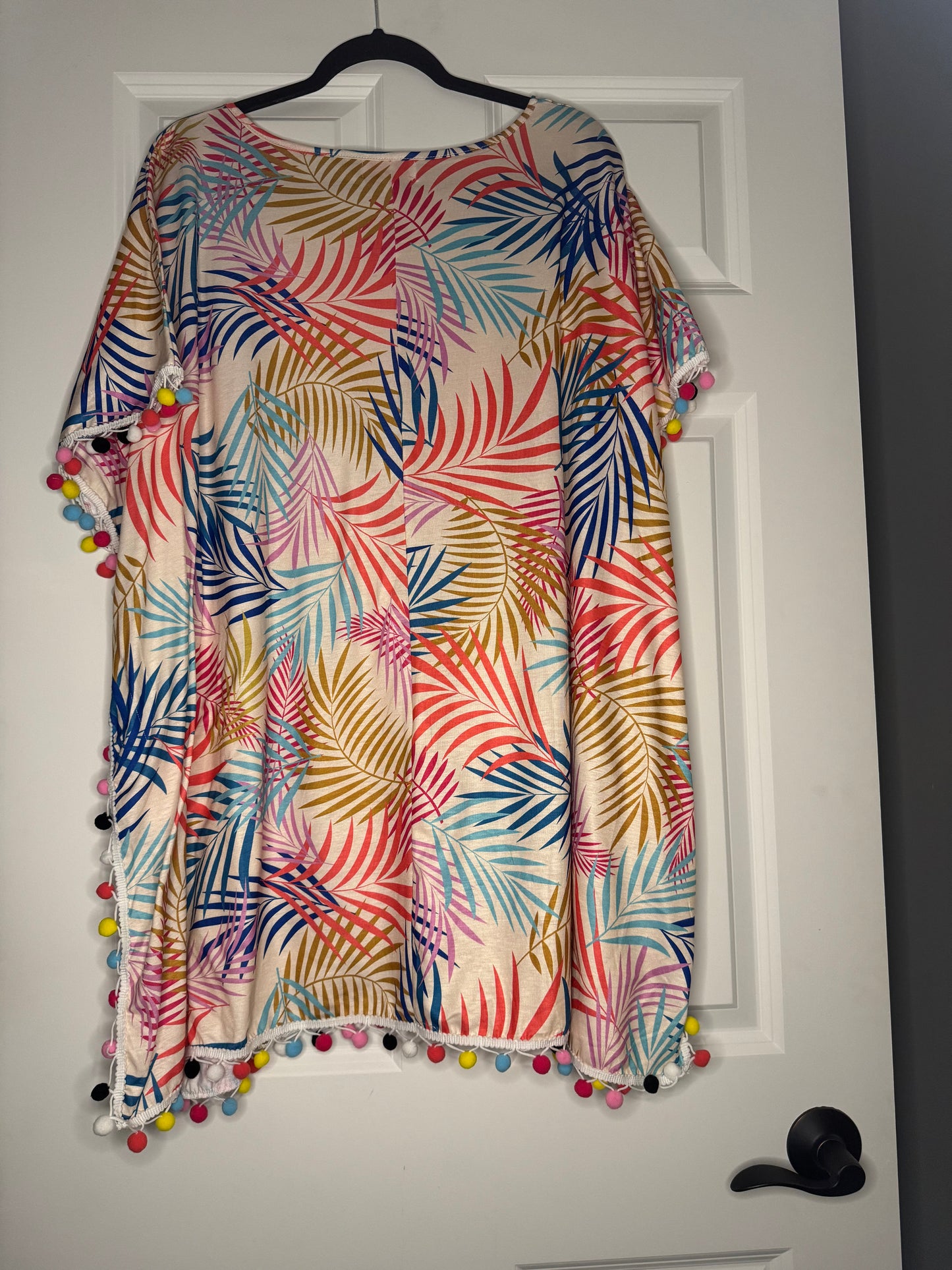 Jess Lea plus size swimsuit coverup beige w multicolor palm print and poms