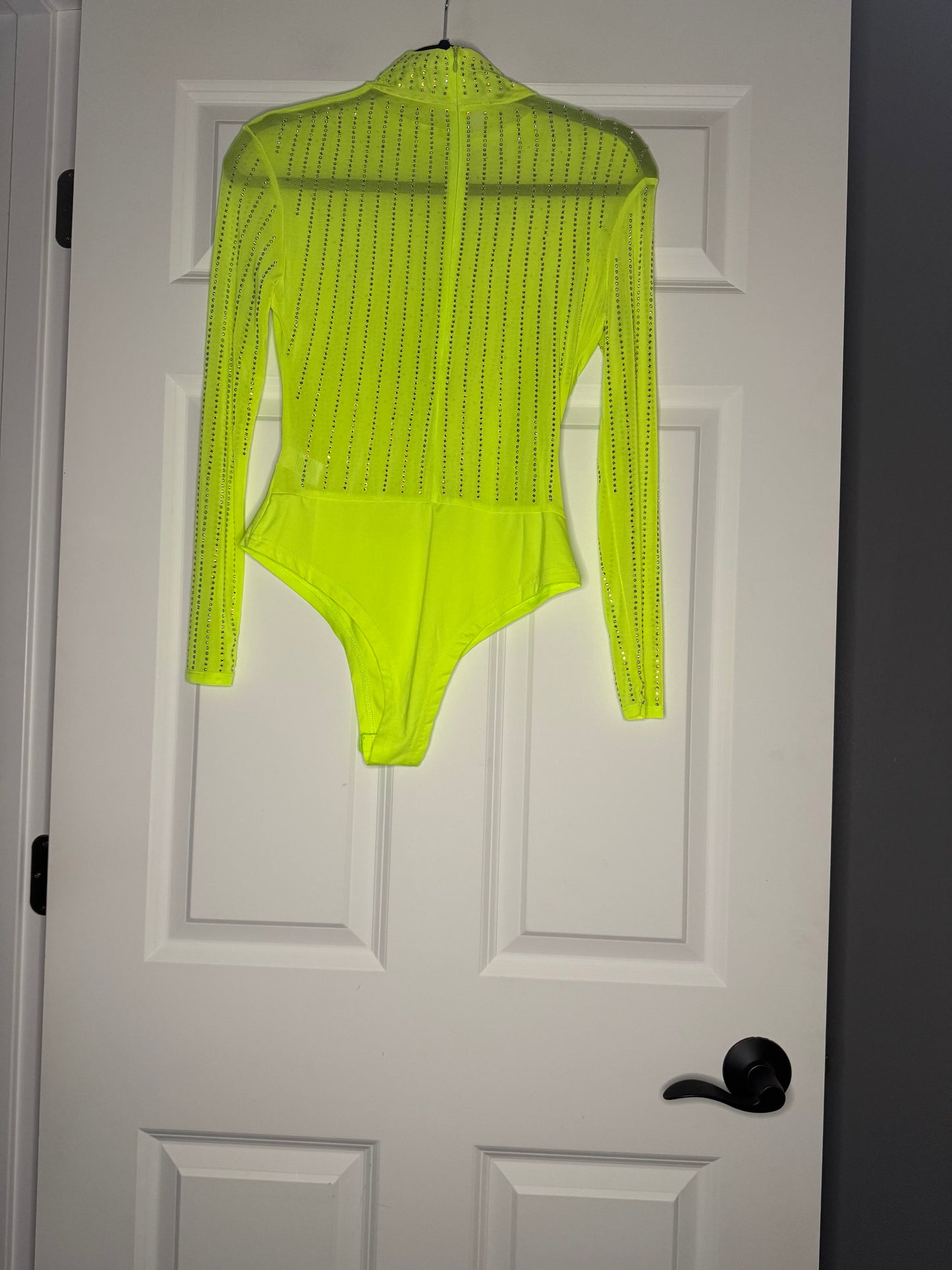 Blue buttercup sheer bodysuit small neon yellow green w multi exclusive beading