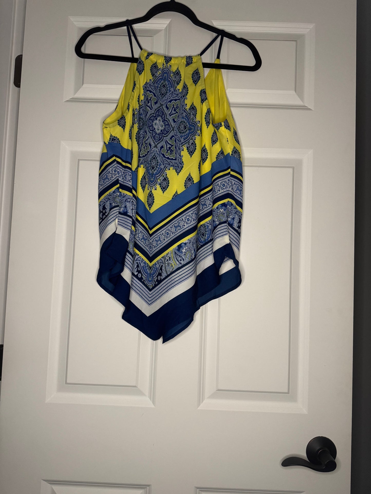 By and by sleeveless blouse large yellow blue white print