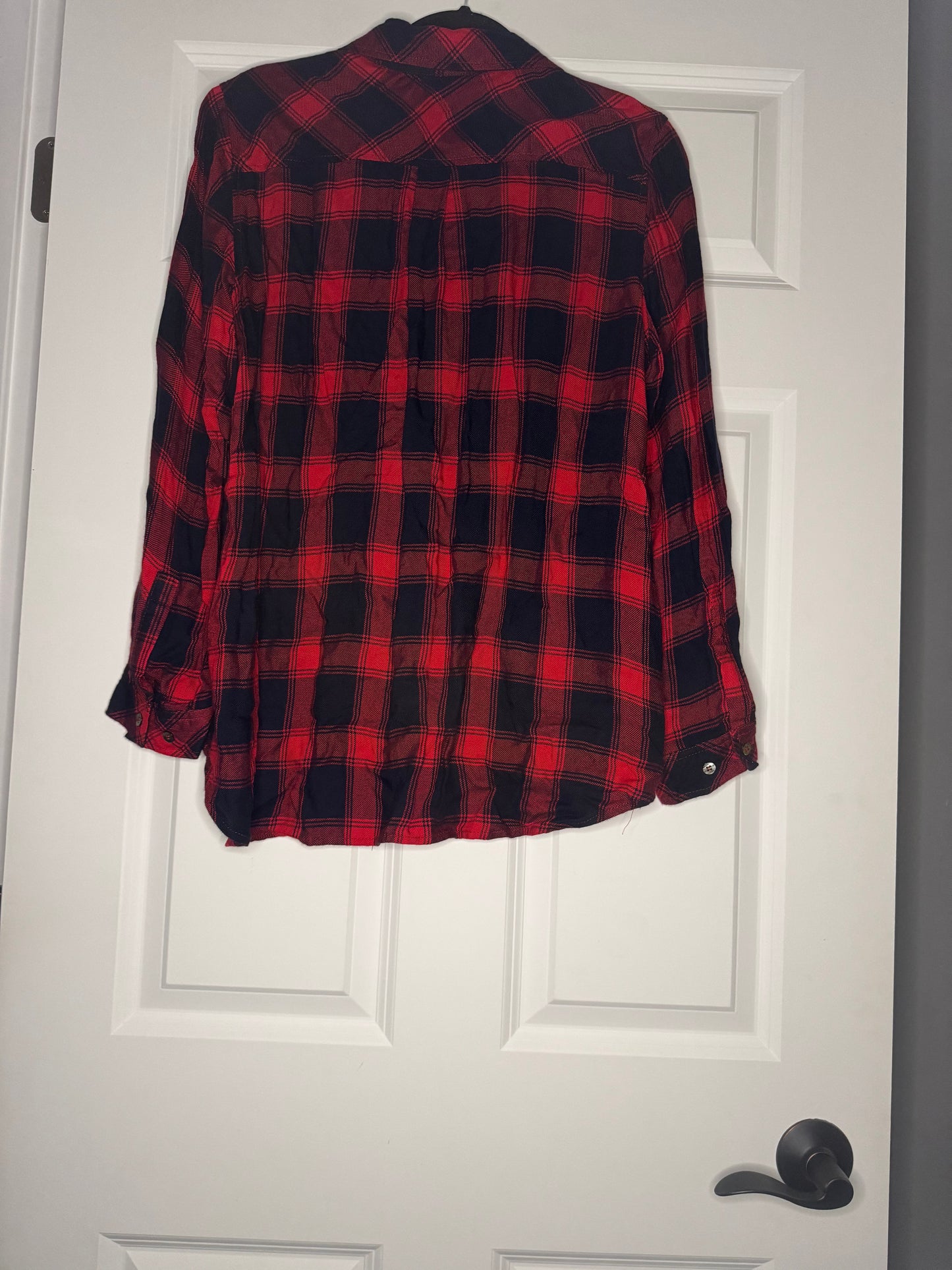 Laju long sleeve button up blouse large red navy plaid