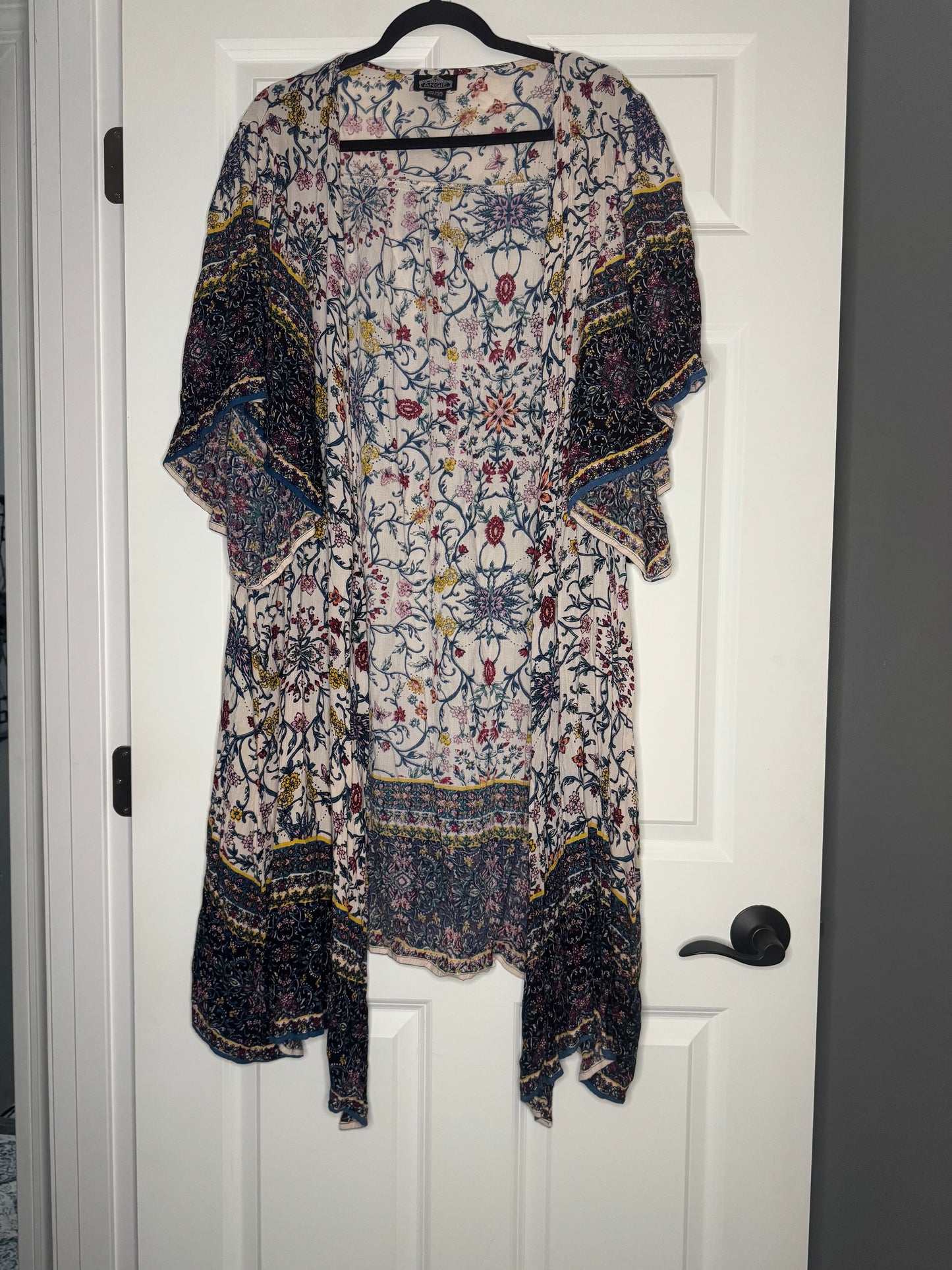 Angie large short sleeve long kimono black white multi floral print