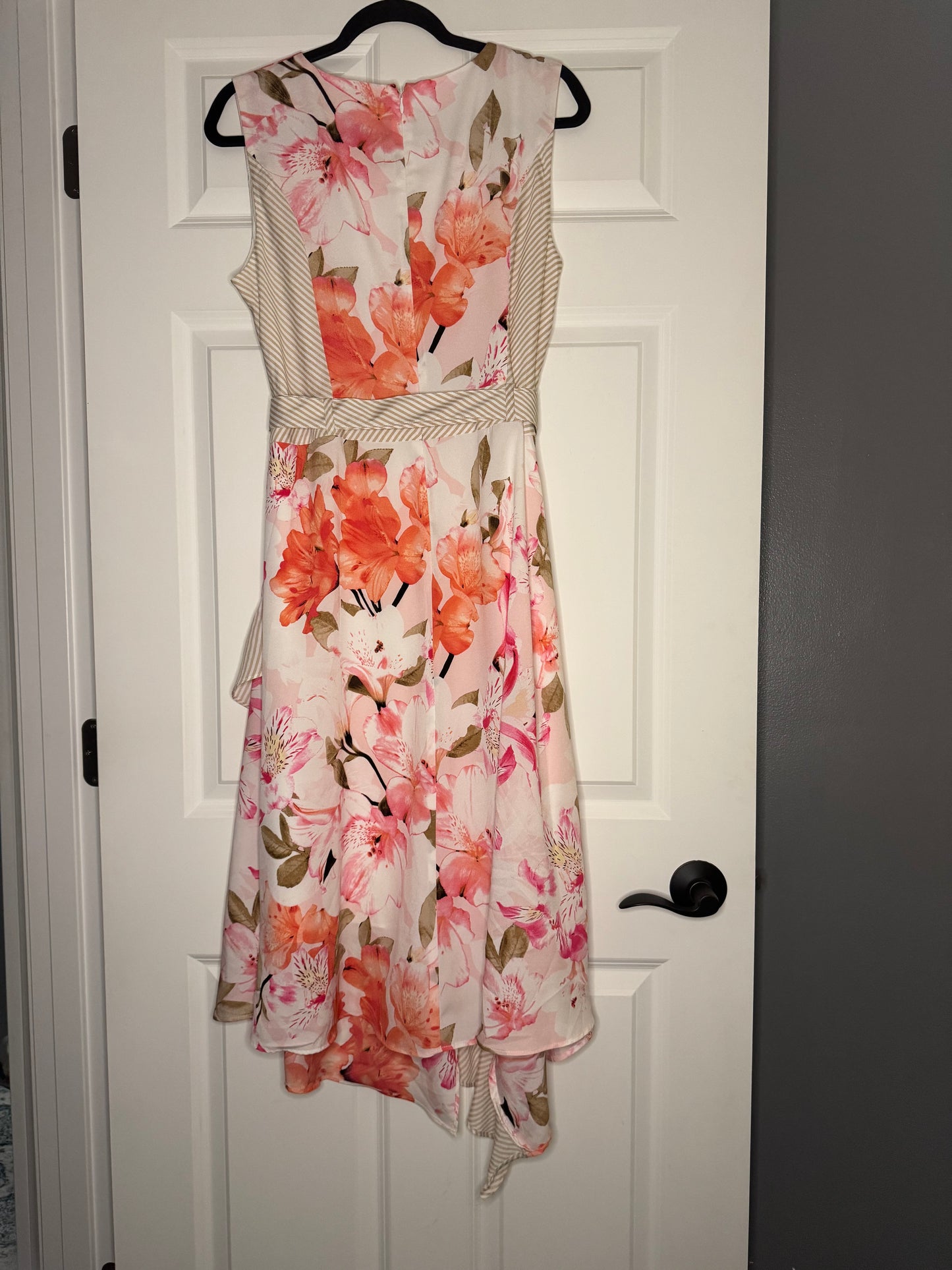 Calvin Klein sleeveless dress w belt white tan pink red brown floral size 14