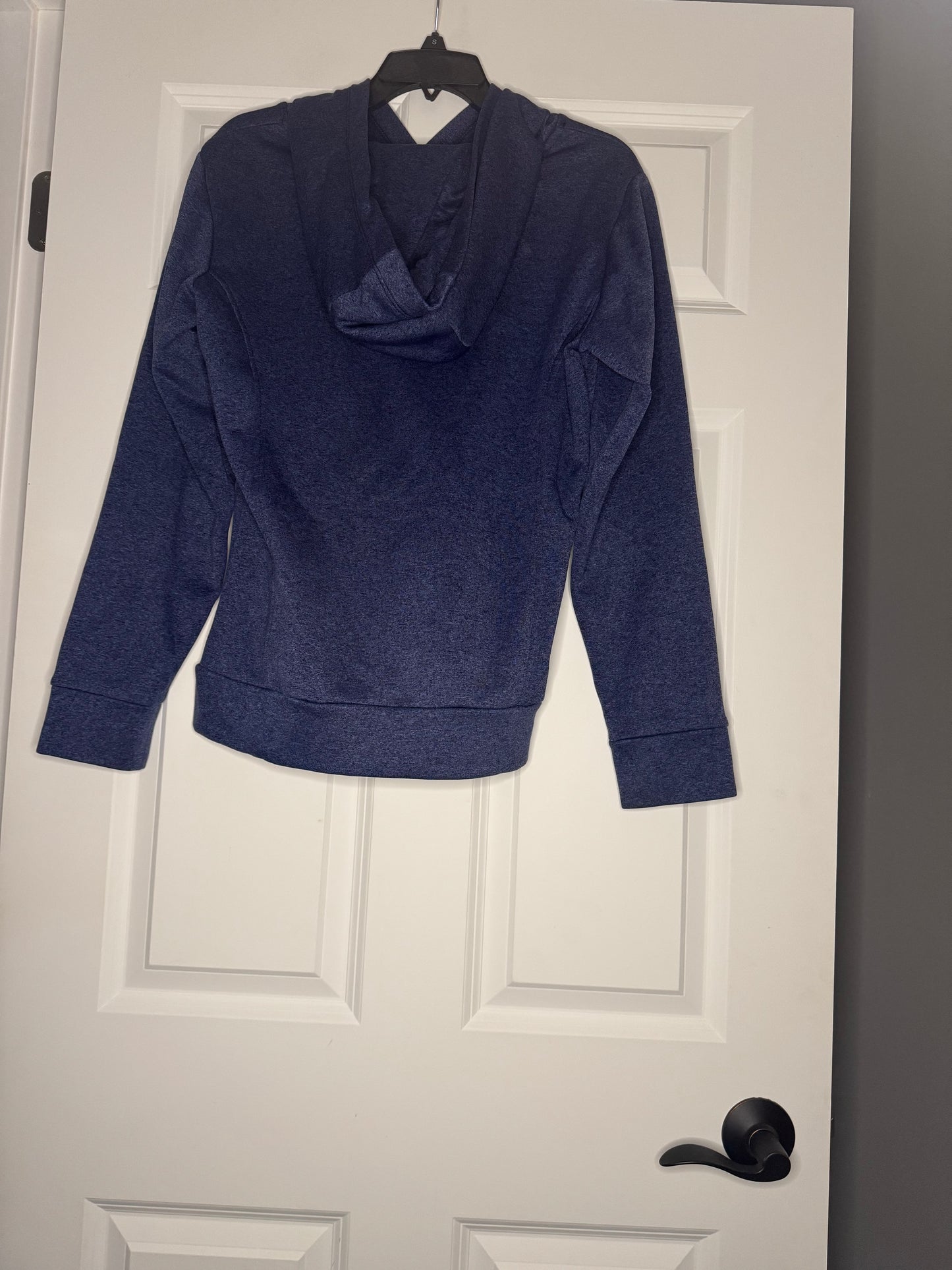 North face hooded sweatshirt medium blue black heathered w multicolor logo