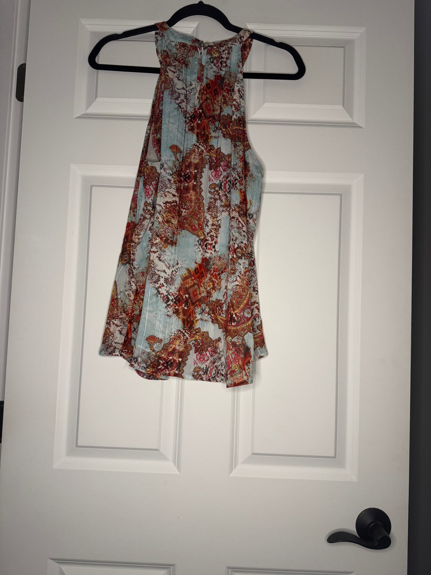 Daniel Rainn sleeveless blouse large blue red white yellow silver sparkle
