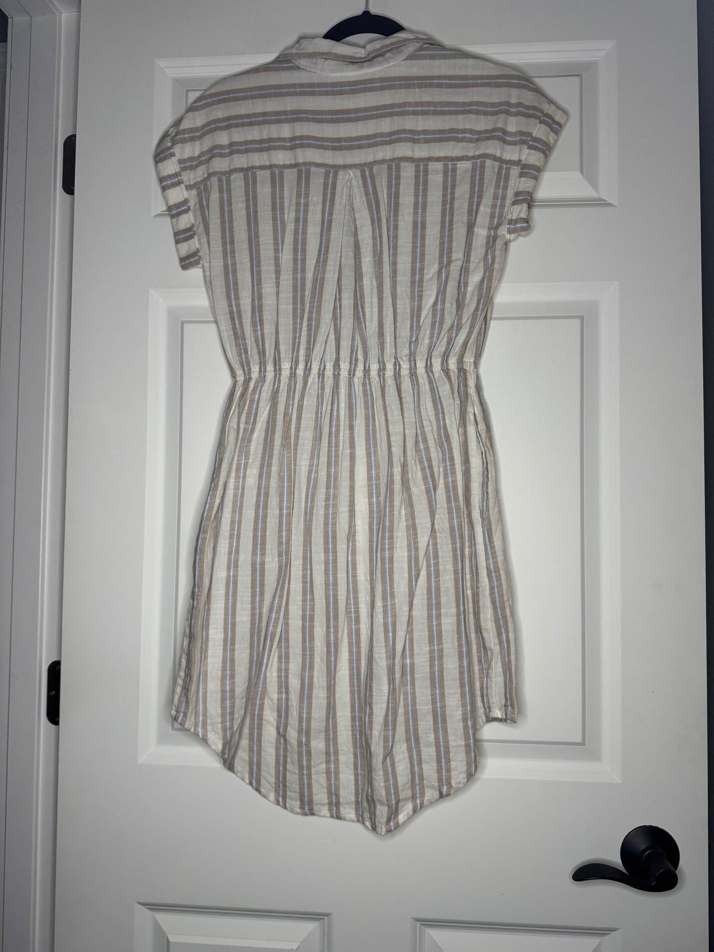 Japna short sleeve button up dress small cream tan blue stripe