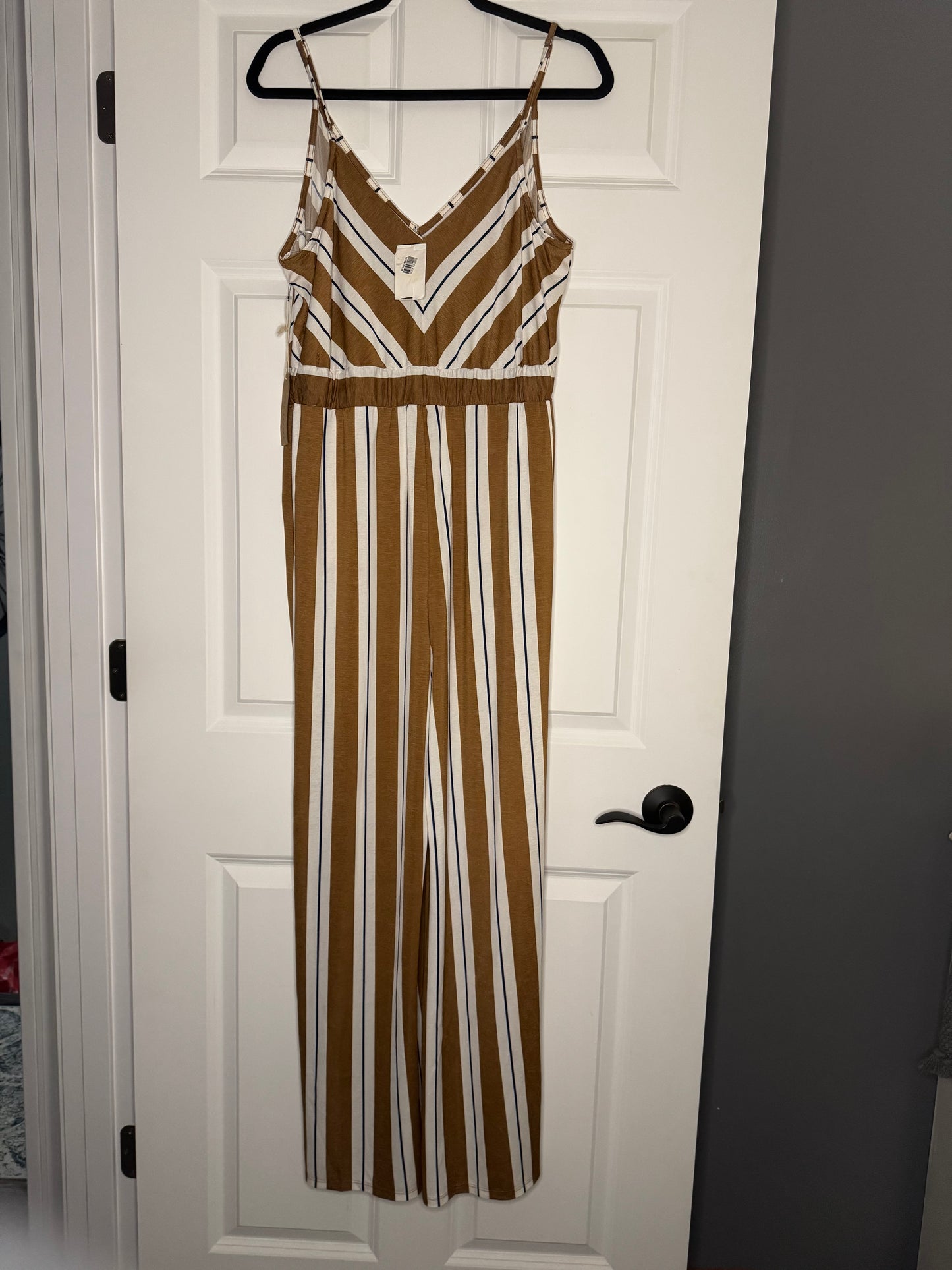 Blu pepper jumpsuit large brown cream navy stripe w pockets nwt