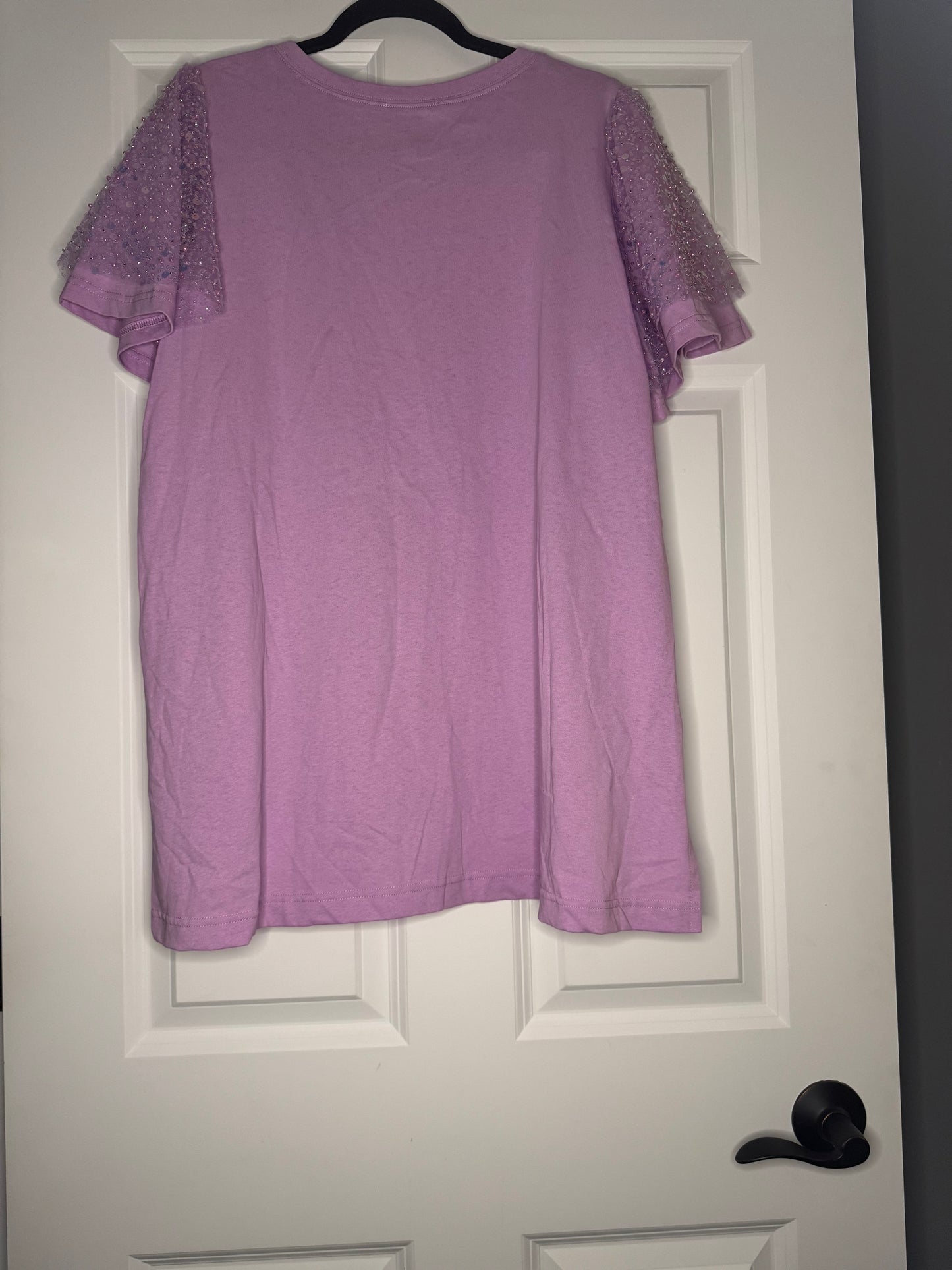 Fantastic fawn short sleeve blouse large purple poofy sequin & beaded sleeves