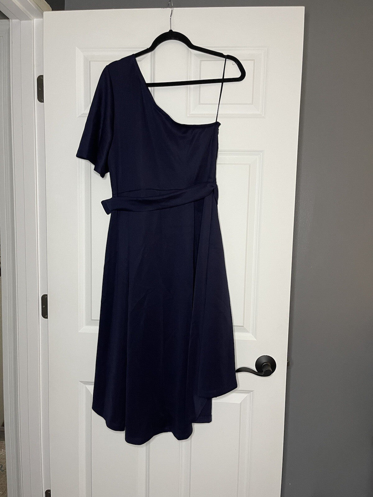Venus One Shoulder Dress W Belt Size 12 Navy With Brown Buckle