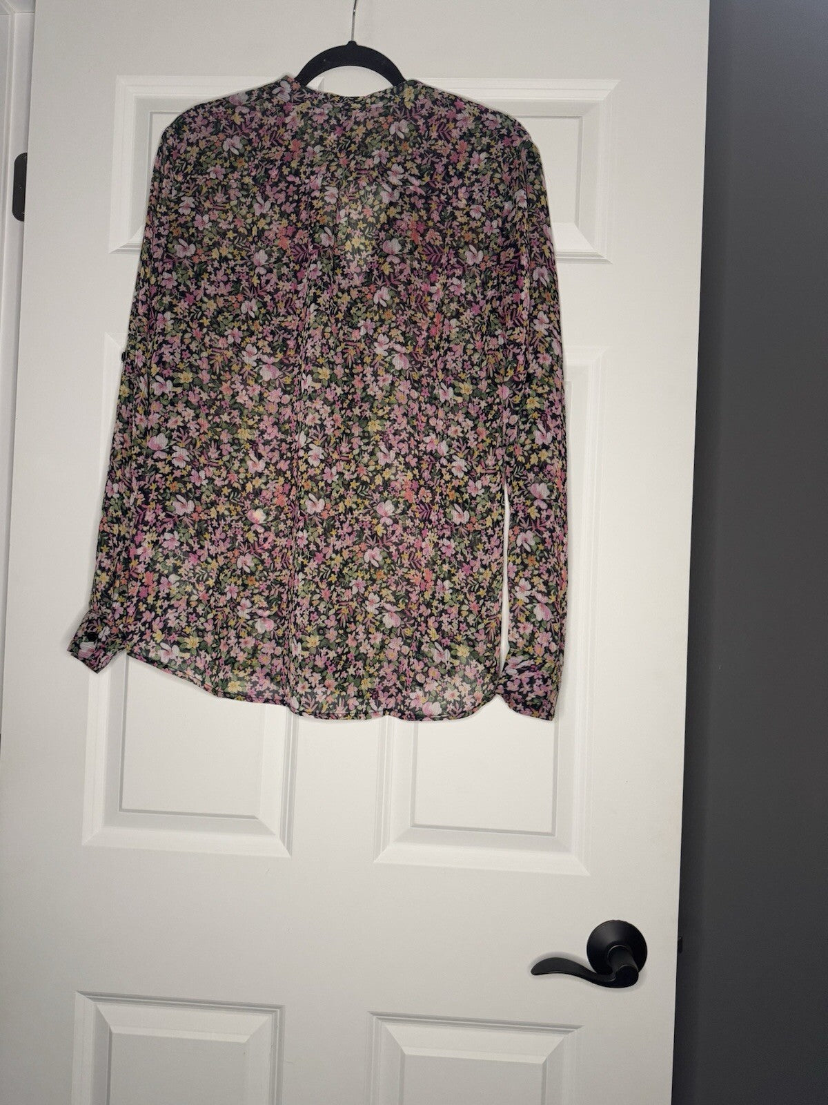 Kut From Kloth Long Sleeve Button Up Blouse Sheer Large Black W Multi Floral