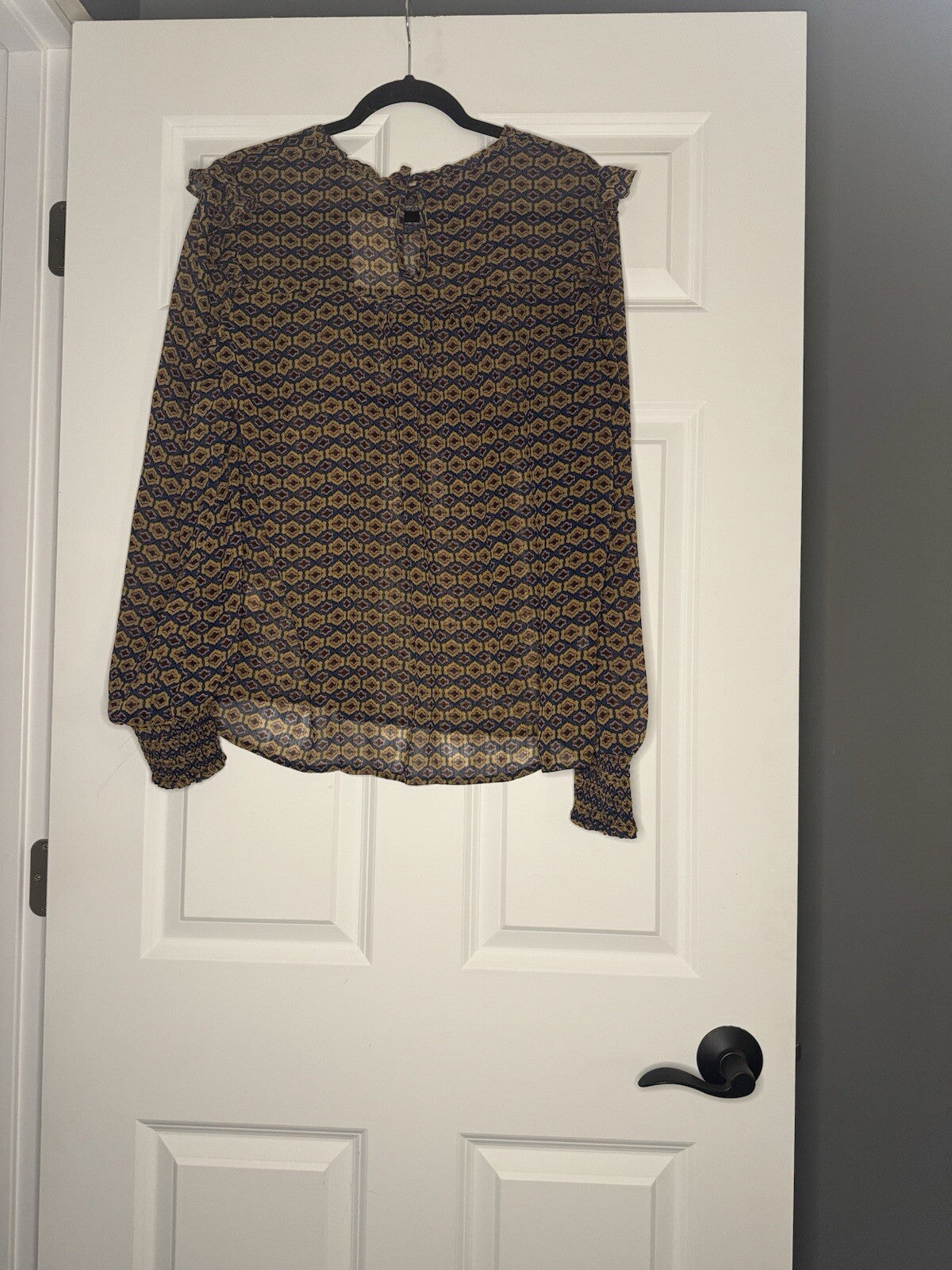 Mystree Long Sleeve Blouse Large Blue Brown Lavender Print Sheer Nwt 46