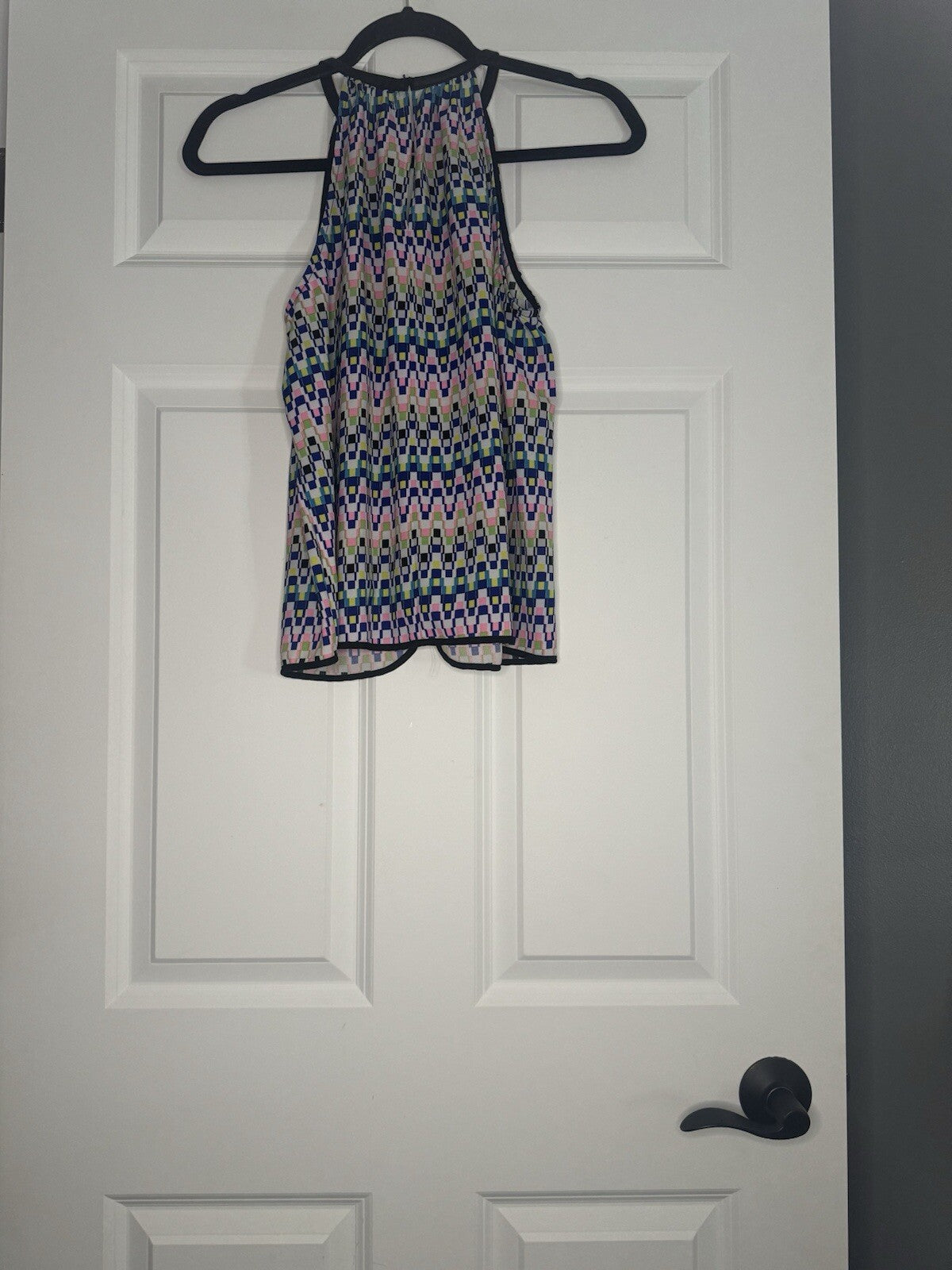Akira Chicago Sleeveless Blouse Small White W Pink Green Blue Yellow Black Trim