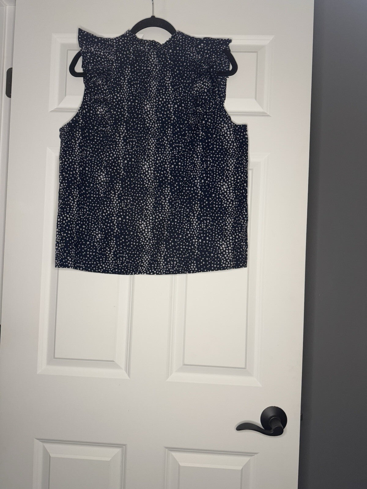 Loft Large Button Up Blouse Navy With White Stars Short Ruffle Sleeve Nwt