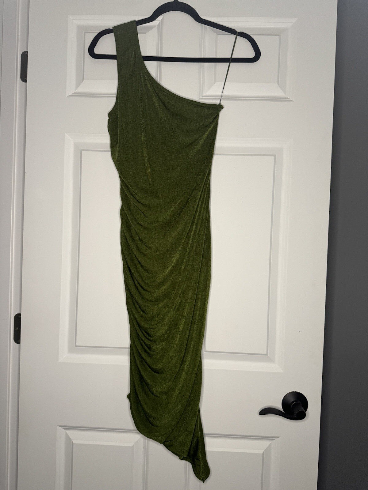 Dee Elly One Shoulder Dress Small Cinched Sides Green Shiny