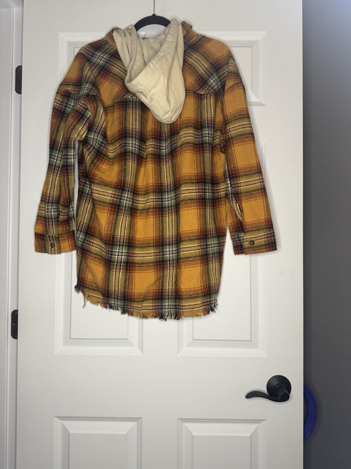 New In Shacket W Hood Small Mustard Green Black Cream Distressed Fray Edges