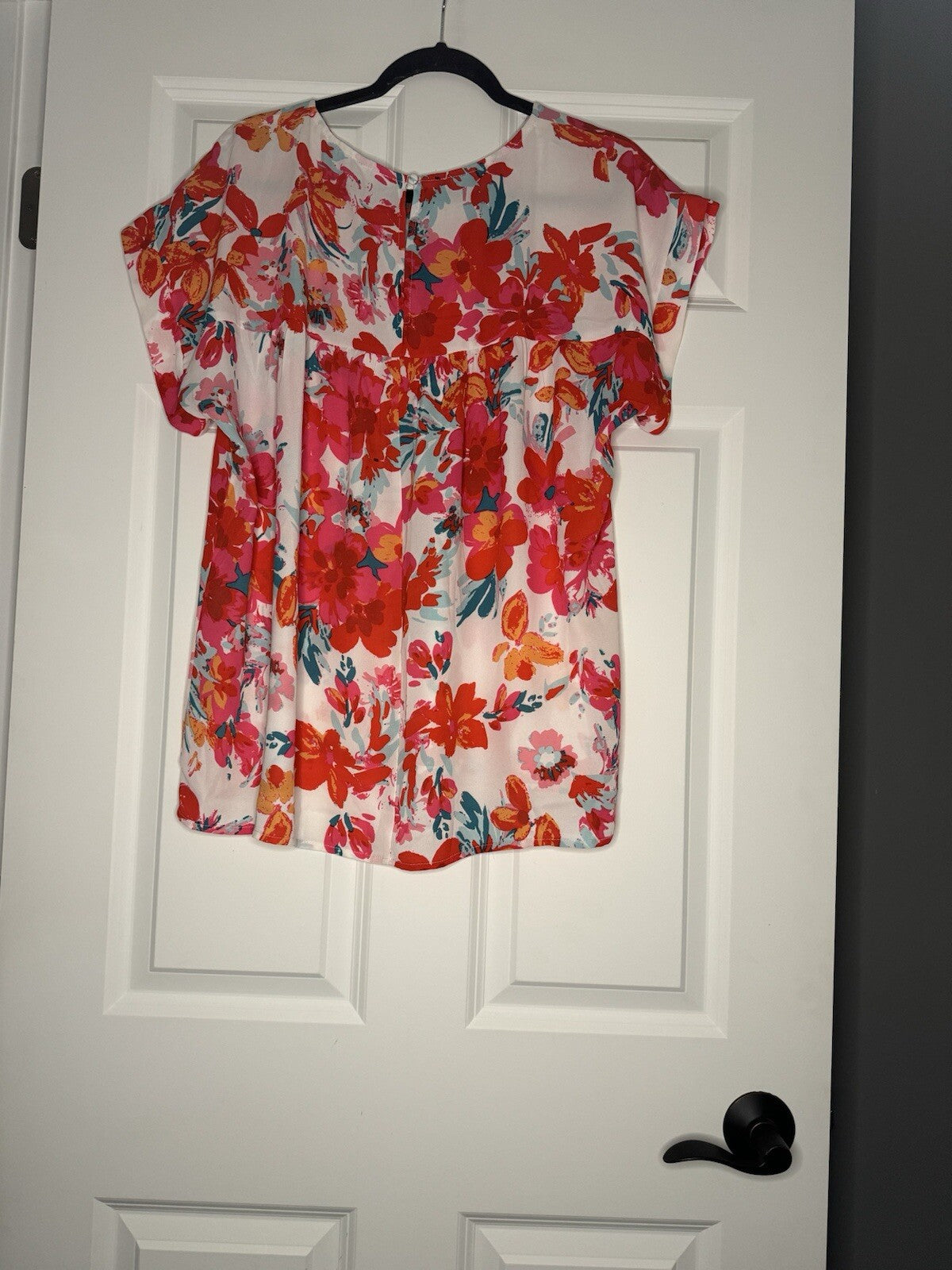 Emily Wonder Xl Short Sleeve Blouse White Red Pink Orange Green Floral Print