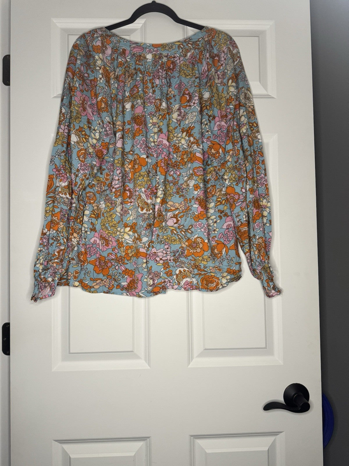 Emily Wonder Long Sleeve Blouse 1x Blue With Orange Pink Cream Multi Floral