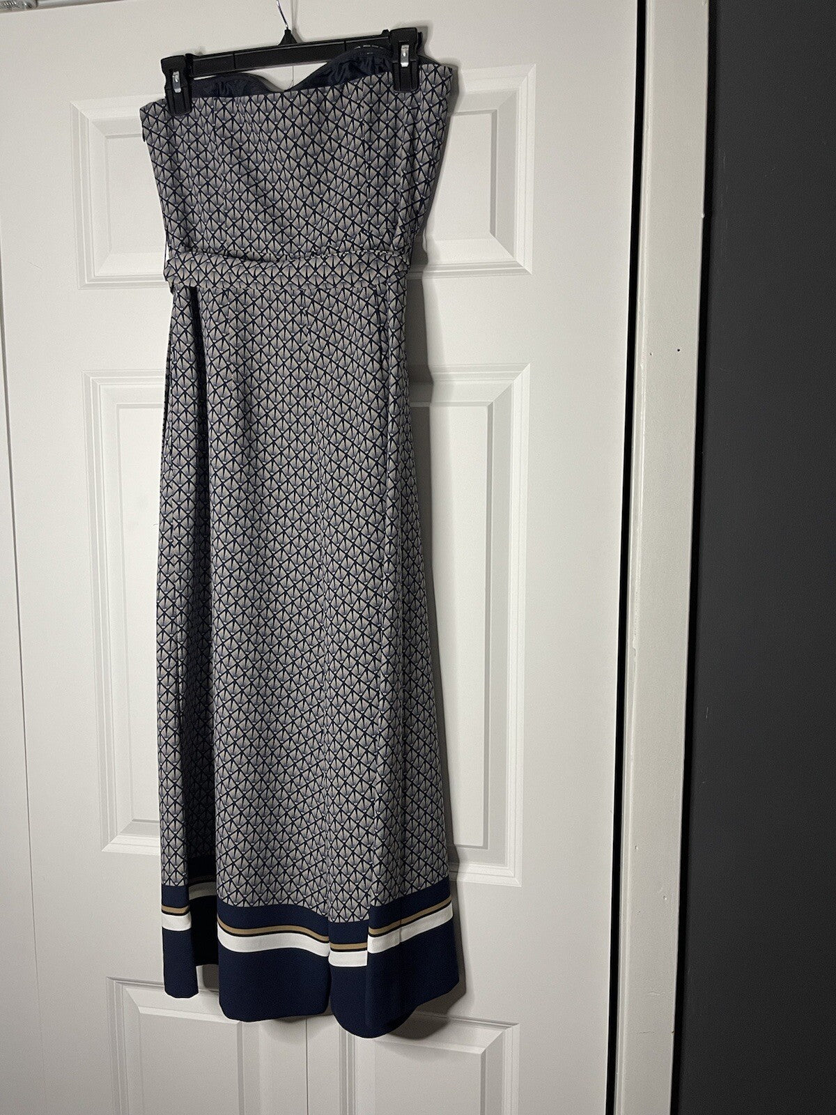 HM strapless jumpsuit with belt size 4 blue tan white print