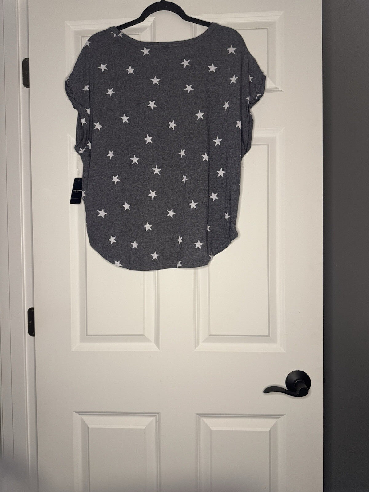 Lucky Brand Short Sleeve Top Large Heathered Blueish Gray W White Stars Nwt 39.5