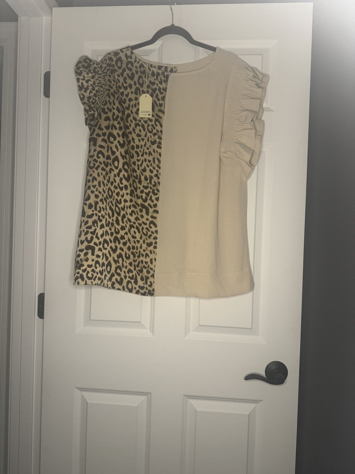 Jodifl Short Sleeve Ruffle Blouse 2x Oatmeal Brown Black Animal Nwt $43