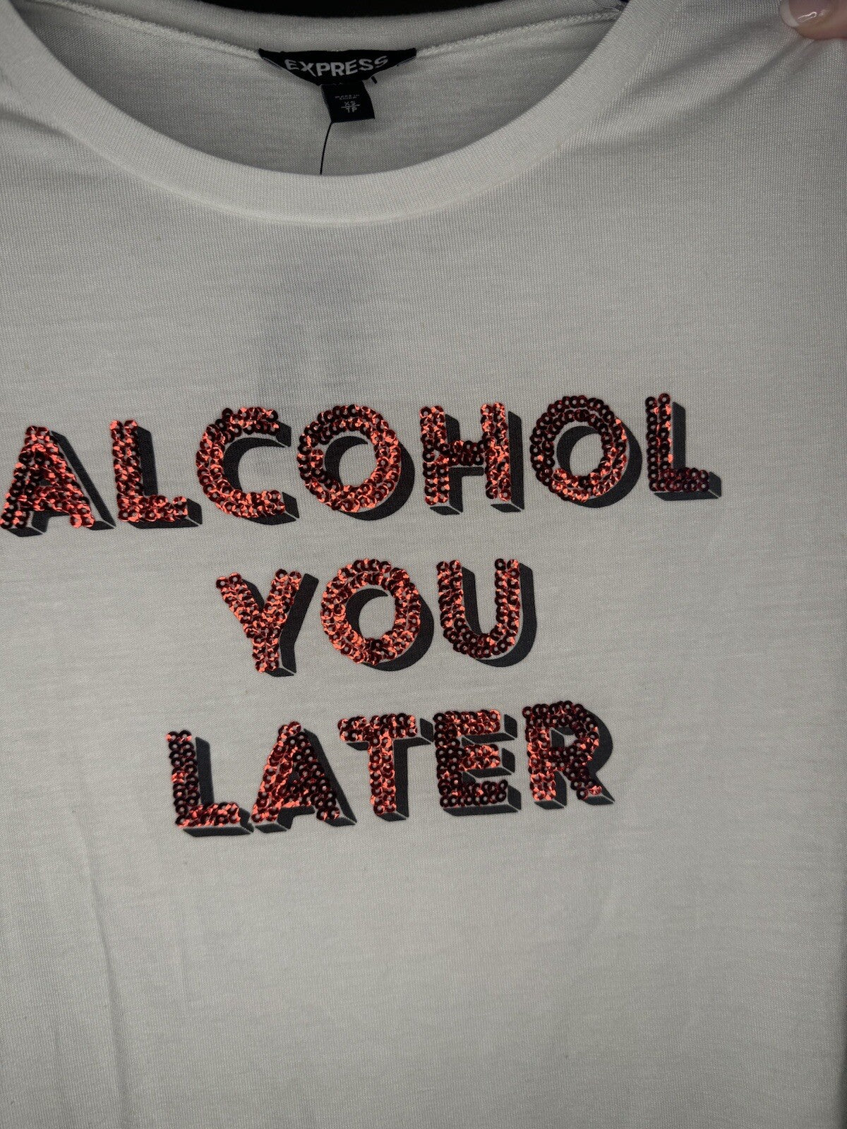 Express Alcohol You Later White W Red Sequins Top XS Nwt