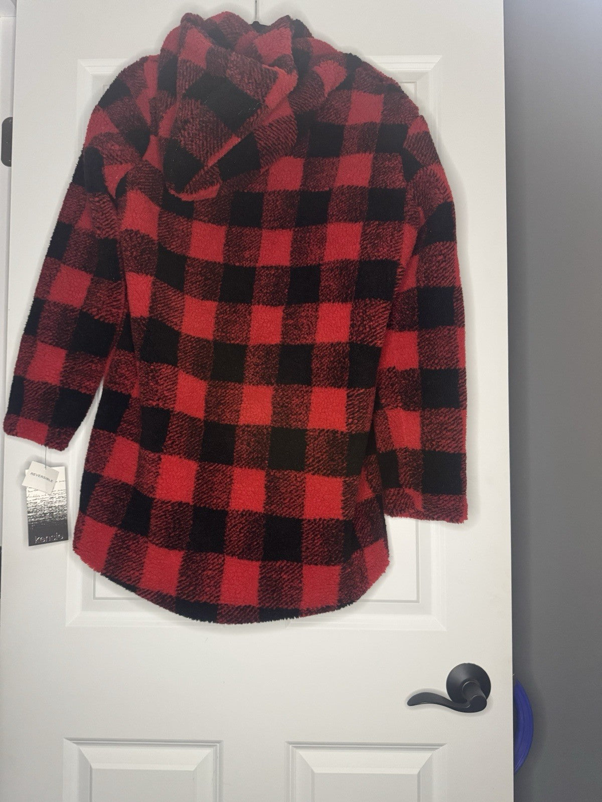 Kensie Reversible Coat With Attached Hood Red Black Checkered Medium Nwt