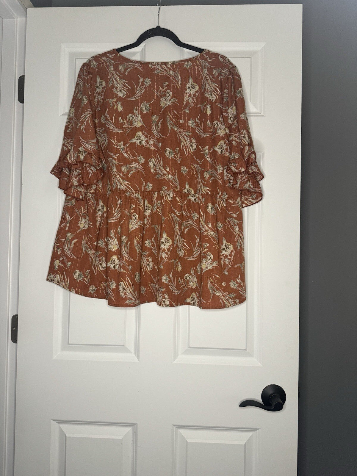 Hailey And Co Short Sleeve Blouse 2x Rusty Mauve W Green Brown Floral Gold Spark