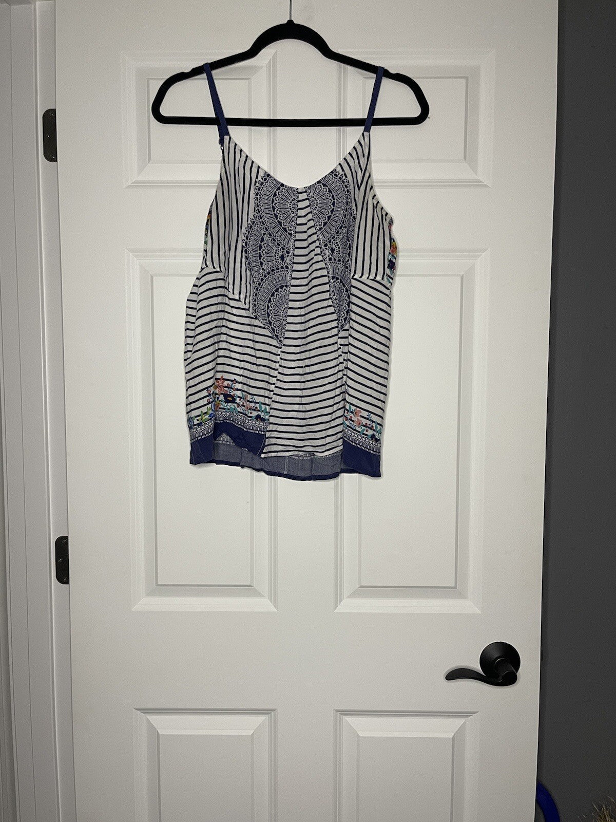 Cabi sleeveless blouse medium blue white stripe with multi floral print
