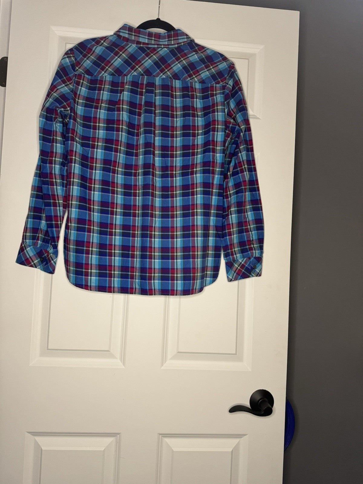 Talbots Button Up Blouse Large Teal Fuscia Violet Olive White Plaid