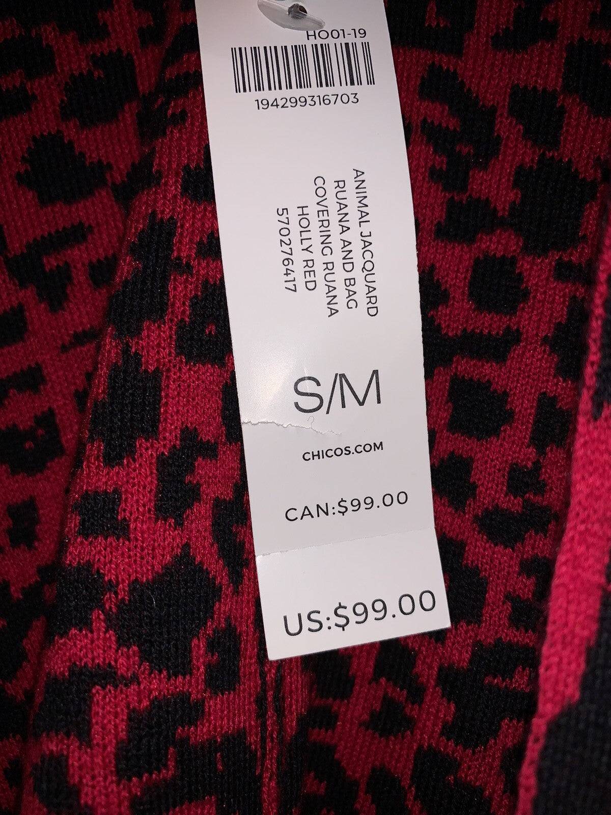 Chicos S/M Animal Jacquard Black and Red cardigan