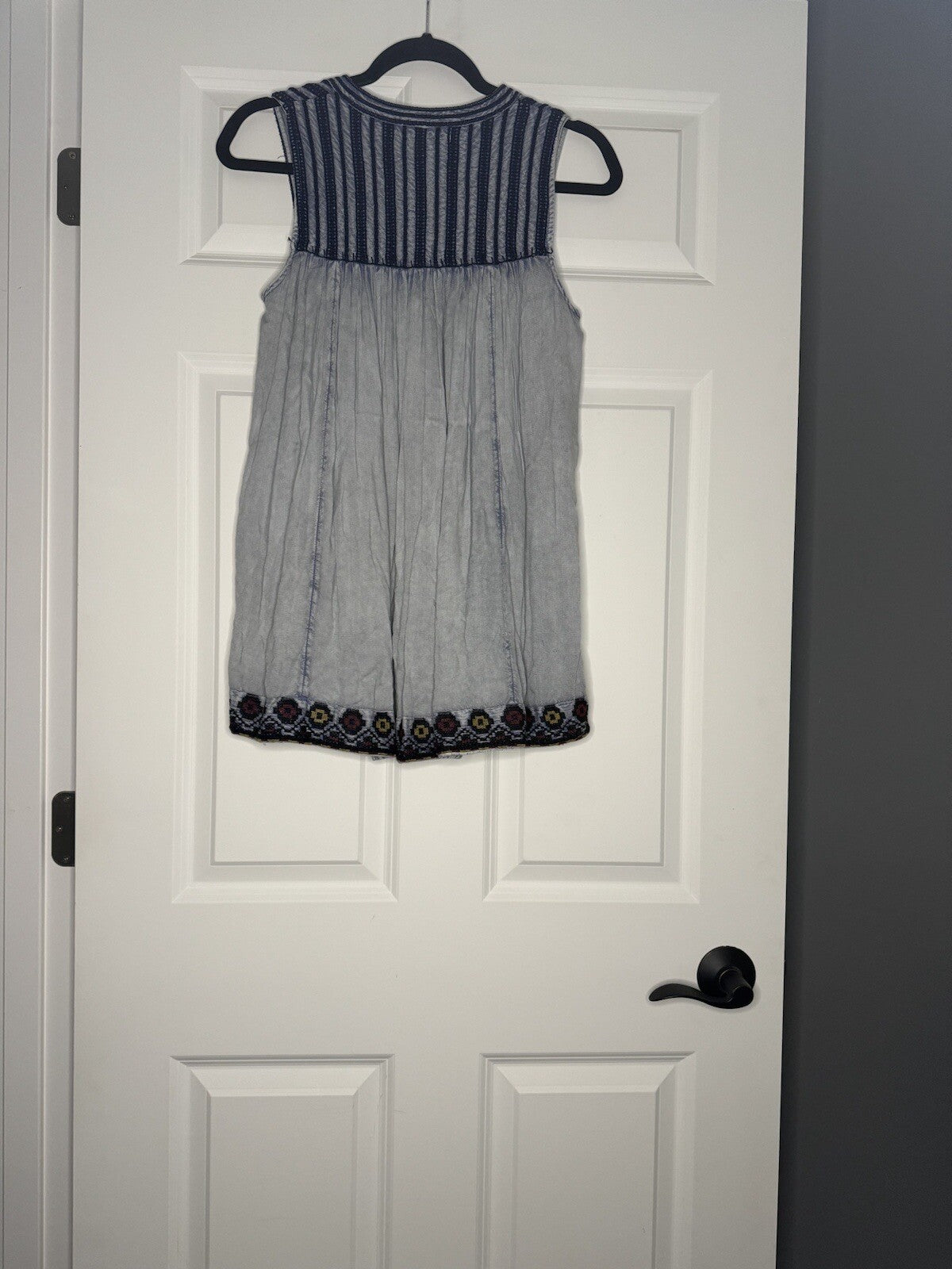 Rachel & Zoe Sleeveless Blouse XS Blue Jean Blue Red Mustard Stitching Nwt