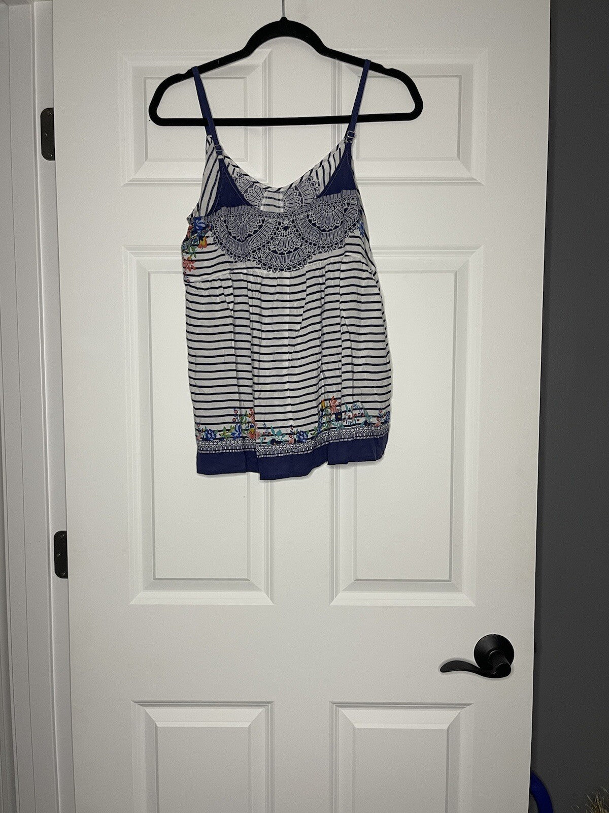 Cabi sleeveless blouse medium blue white stripe with multi floral print
