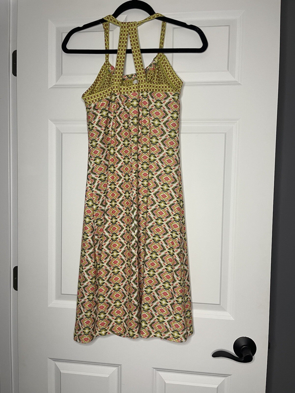 Prana Sleeveless Dress Medium Pink Green Cream Print built in bra