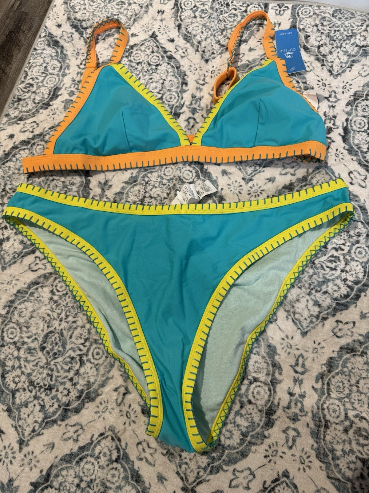 Cupshe 2 Piece Bikini Teal Neon Yellow Orange Xl Nwt