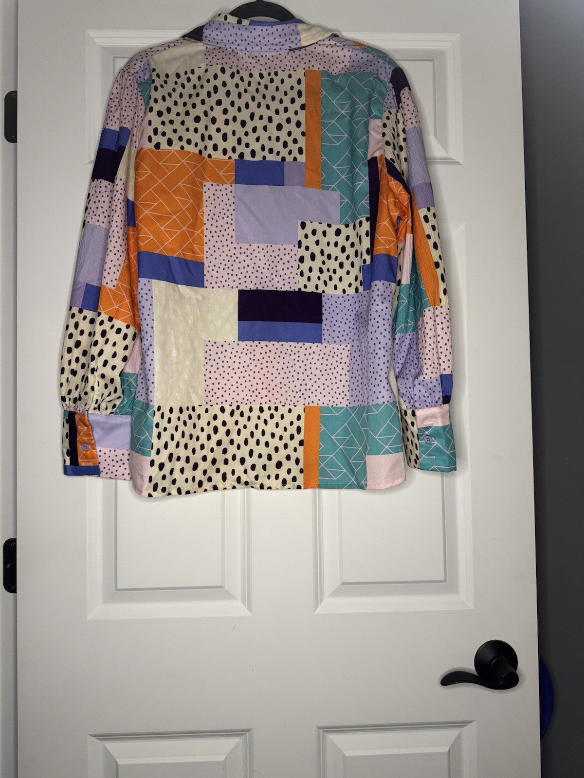 Mod Boutique Button Up Blouse Xl Green Orange Purple Beige White Print