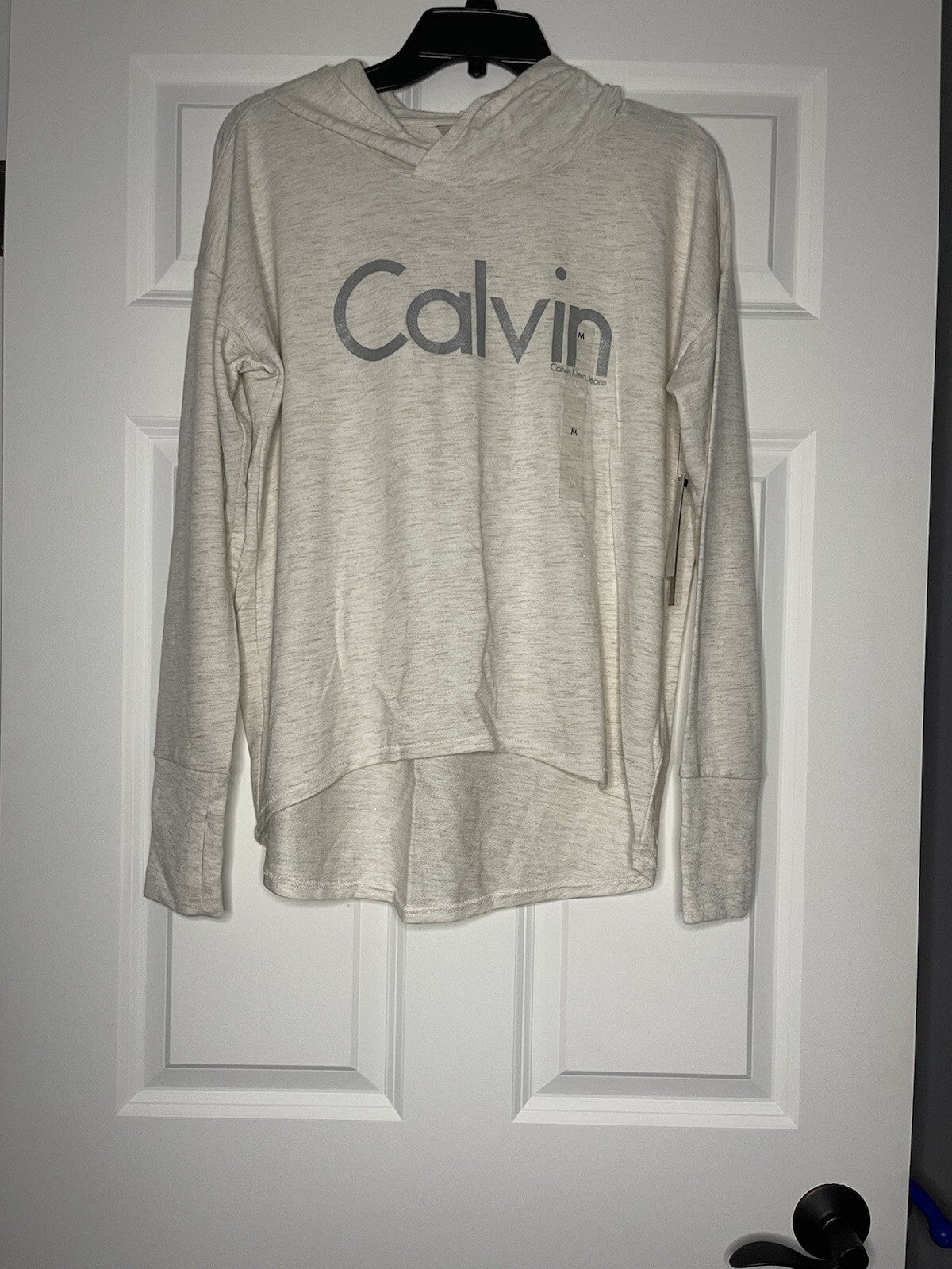 Calvin Klein lightweight hooded sweatshirt beige gray logo medium NWT