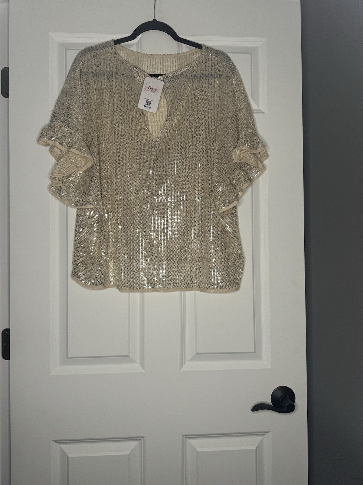 Oddy Short Sleeve Sequins Covered Blouse Gold M/l Nwt 45