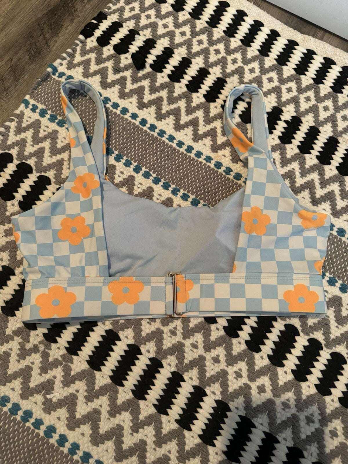 Cyn And Luca Small Bikini Top Blue W White Orange Floral Check Print