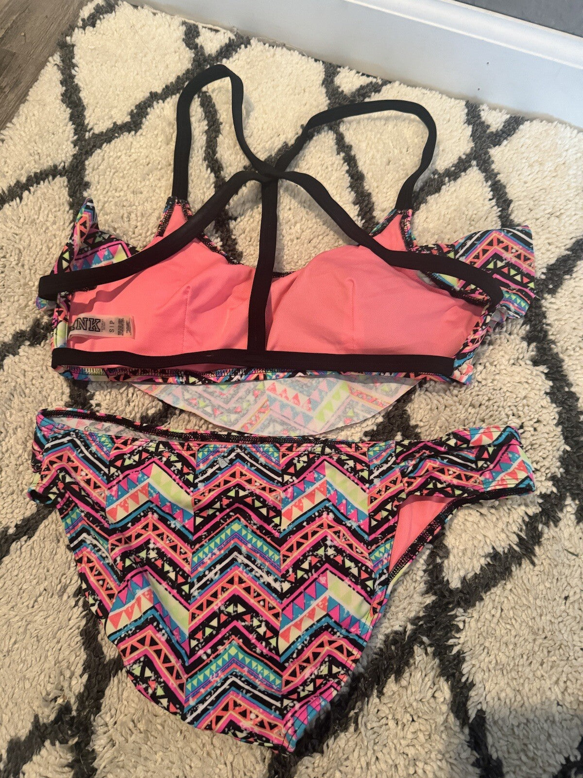 Pink By Victorias Secret 2 Piece Bikini Small Black W Neon Multi Color Print