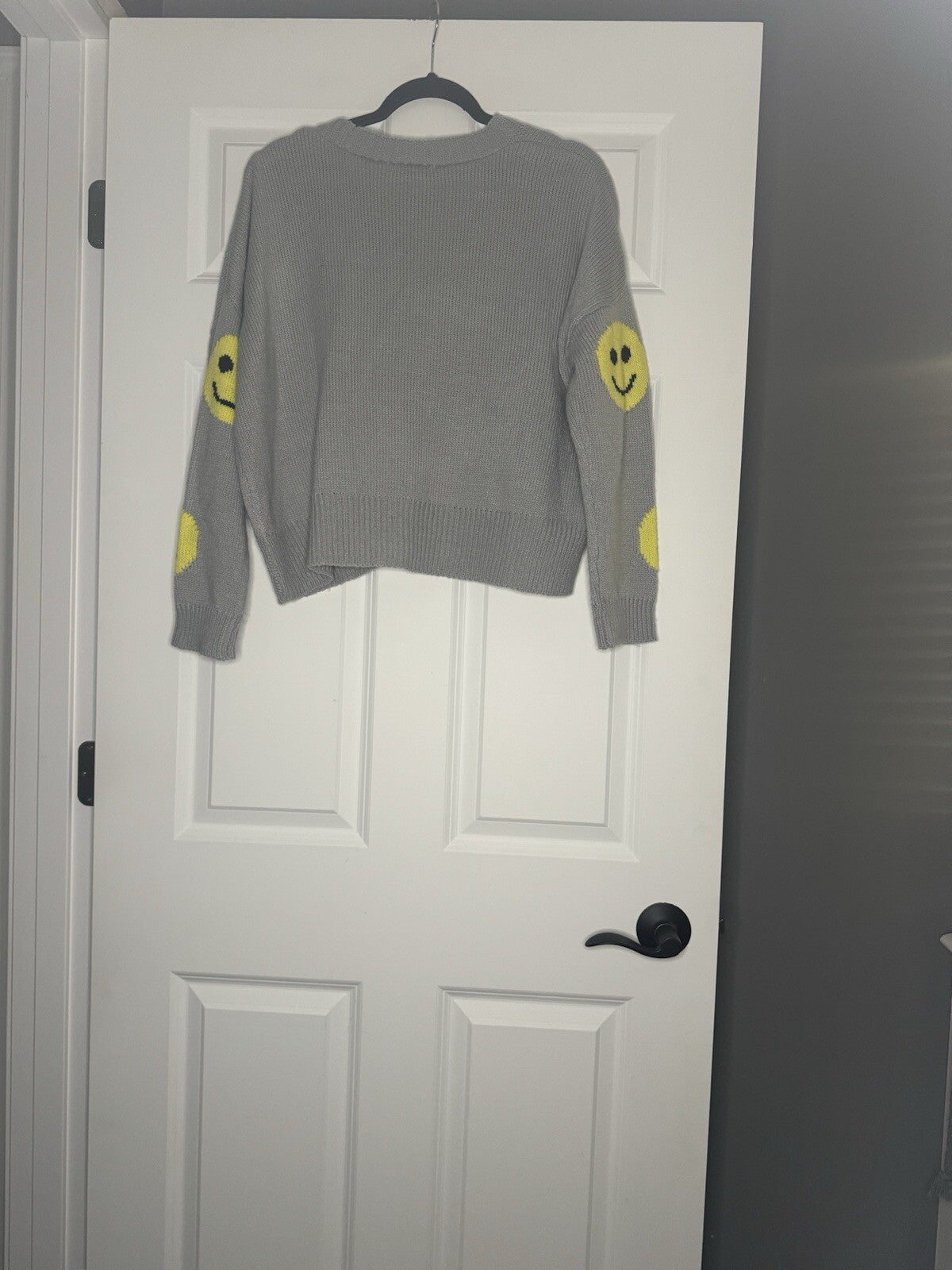 Miss Sparkling Cardigan Sweater Medium Gray W Yellow Black Smiley Face