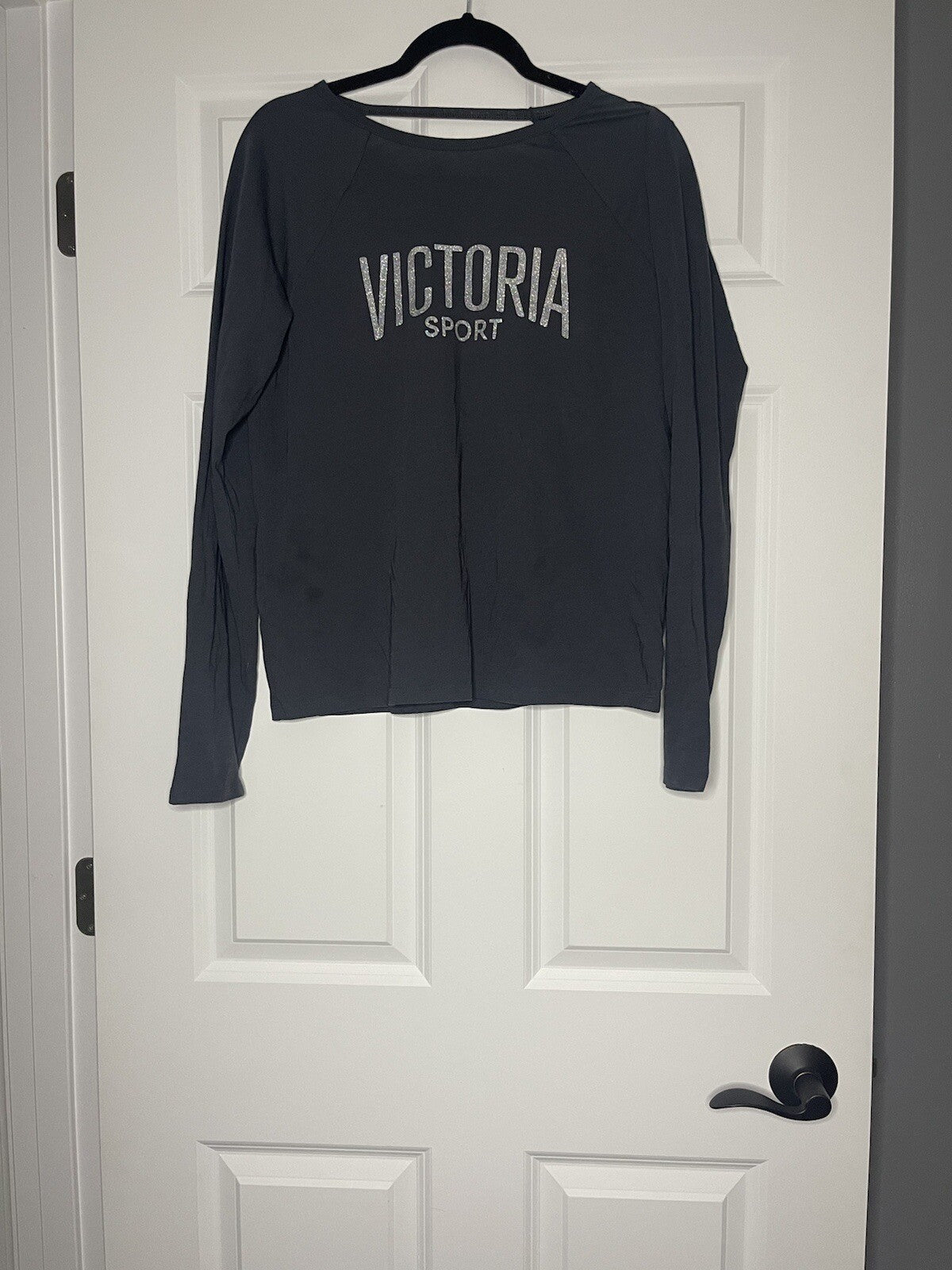 Victorias Sport Long Sleeve Top Medium Gray With Sparkle Logo Cut Out Black