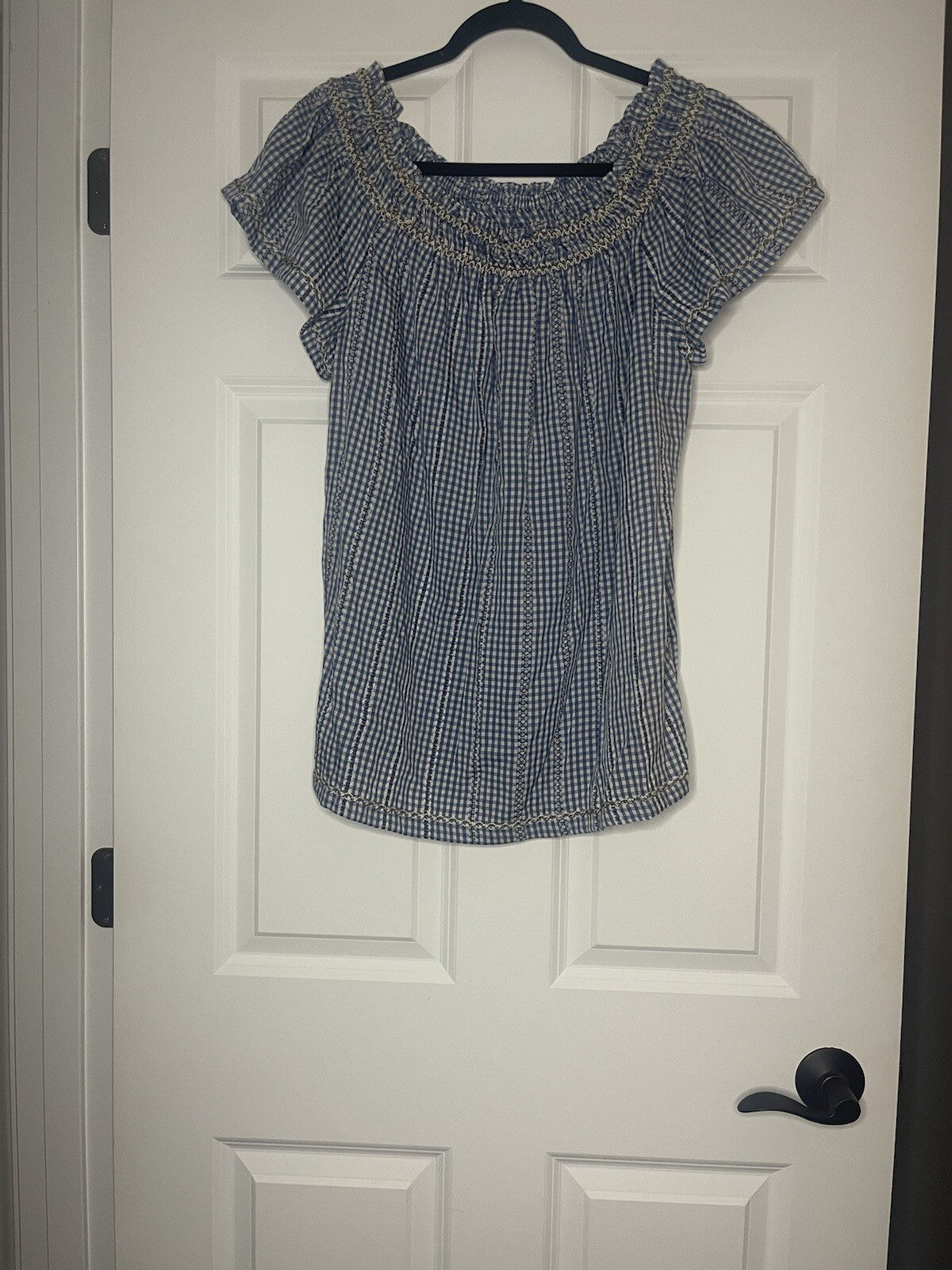 Max Studio Short Sleeve Blouse Xl Blue White Checkered W Stitching Nwt Msrp 78