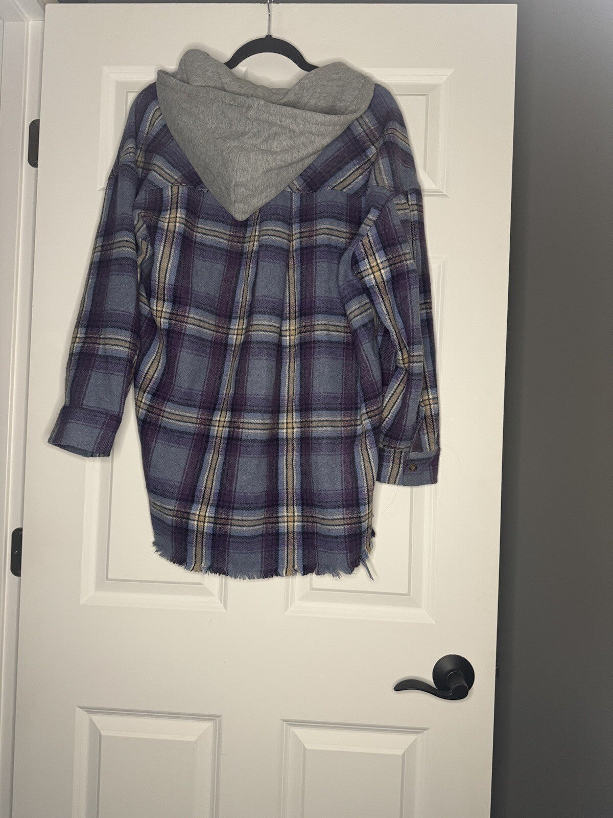 New In Button Up Shacket Medium Hooded Purple Blue Mustard Fray Bottom