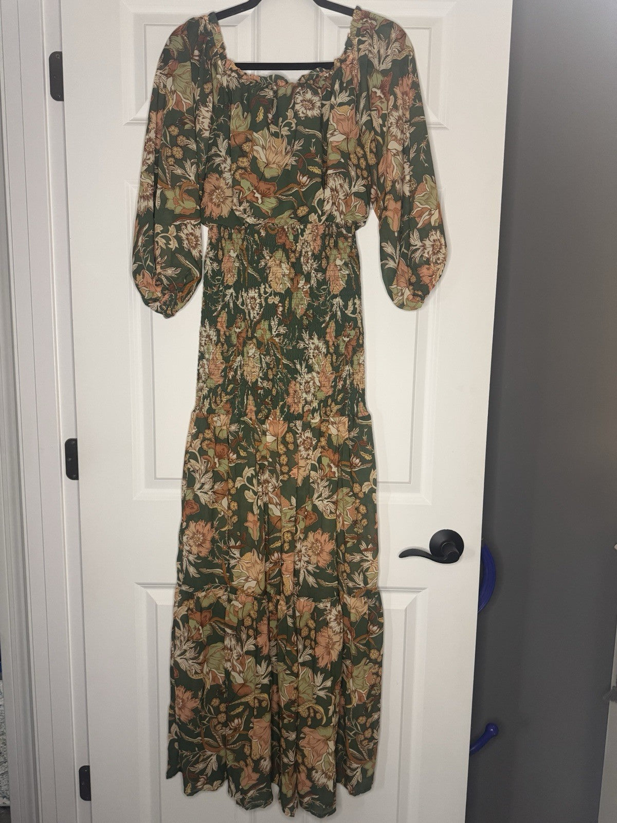 Flying Tomato 3/4 Sleeve Dress Medium Green W Rust Green Mustard Floral