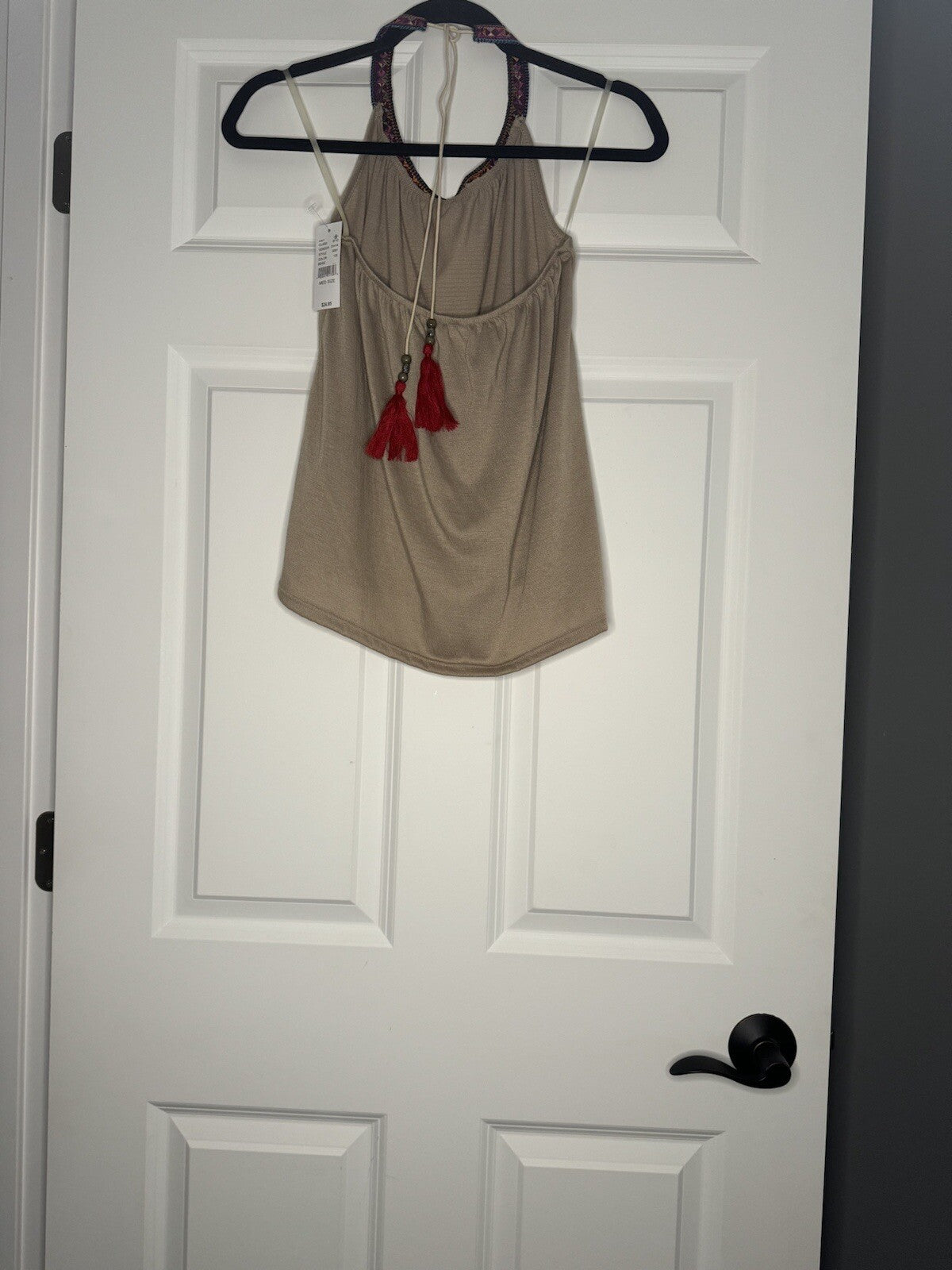 La Hearts Halter Top Medium Taupe W Multi Stitch Collar Nwt