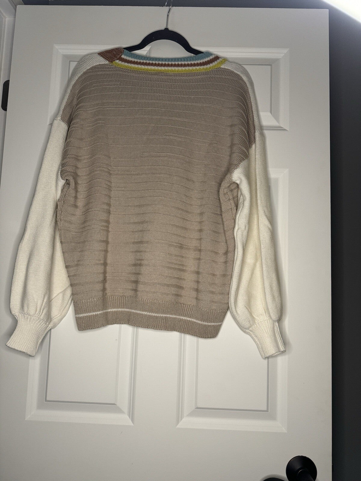 Polagram V Neck Sweater Large Cream Brown Lime Blue