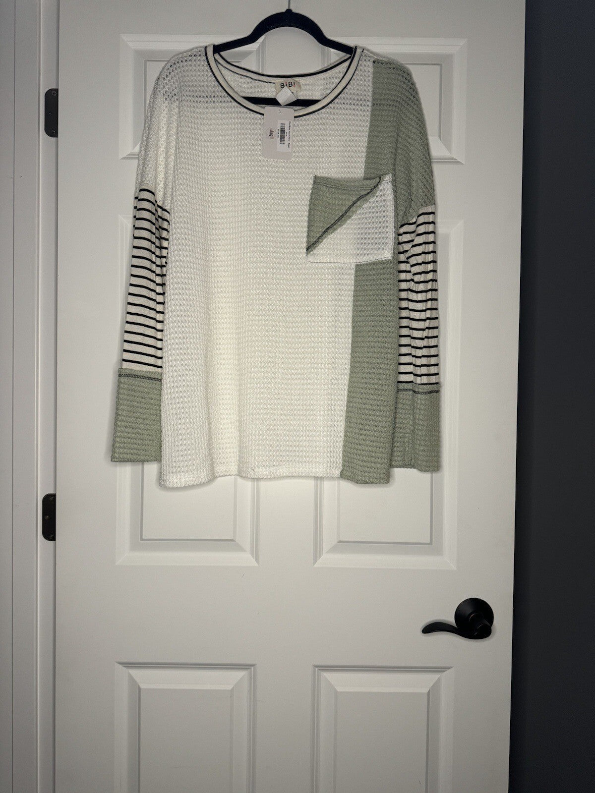 Bibi Long Sleeve Knit Blouse Xl Black Green White Print Nwt
