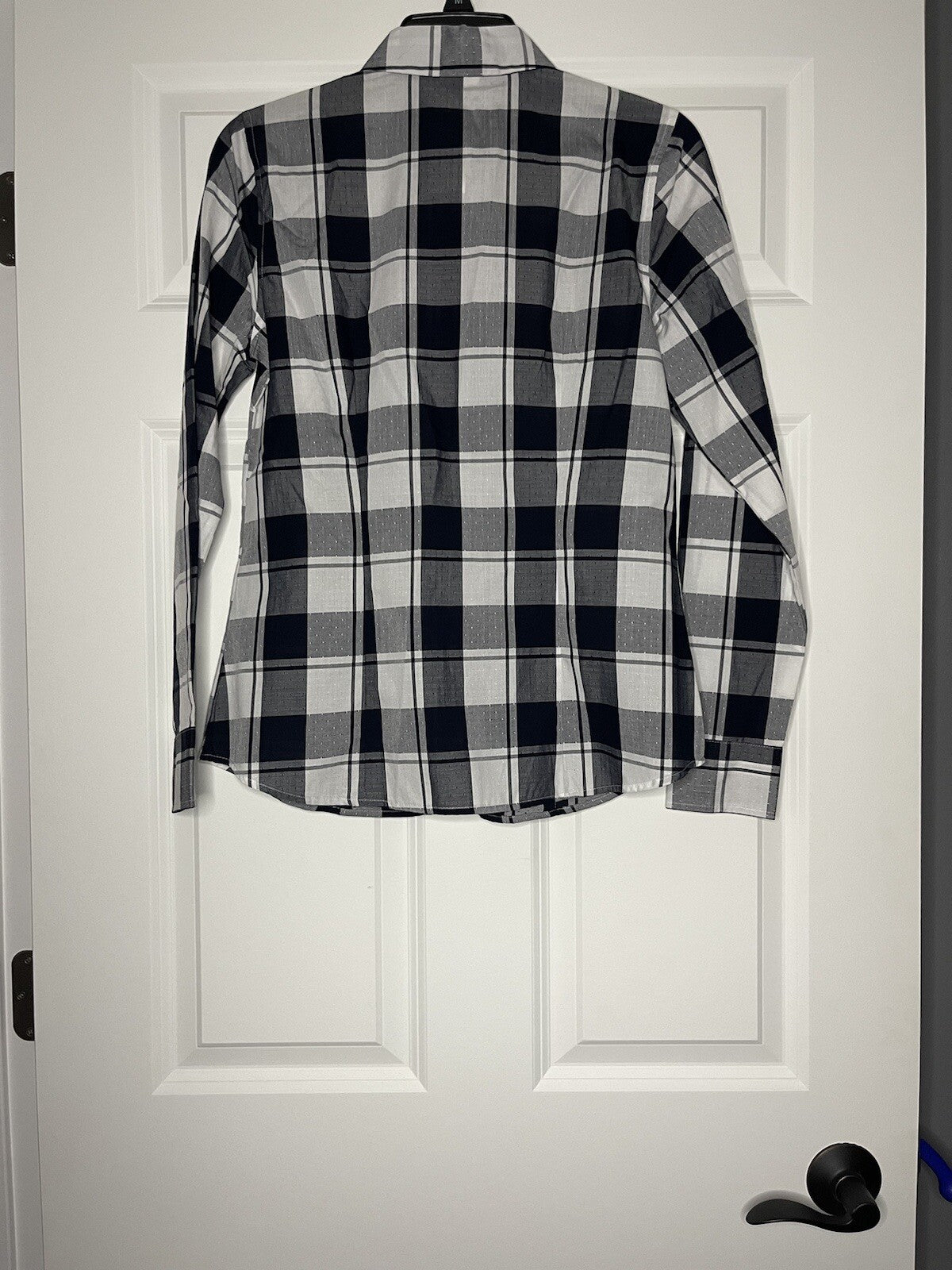 VanHeusen button up blouse small navy white checkered with stitching NWT